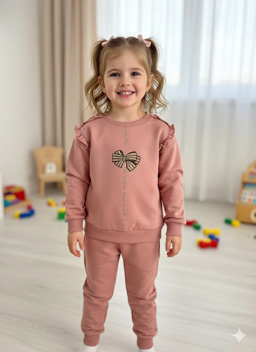 Kız Çocuk Gül Kurusu  Kurdele Detaylı Takım