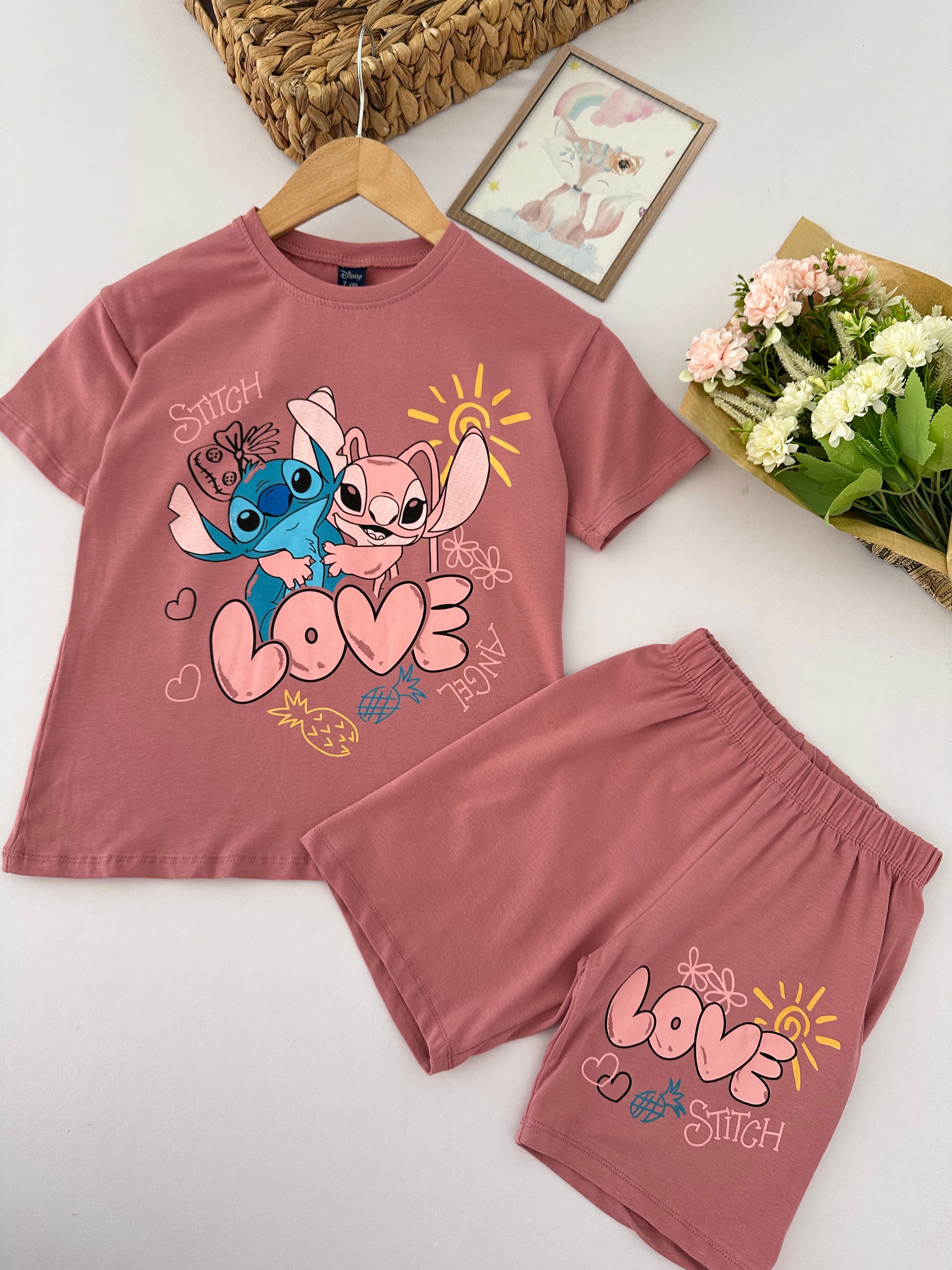 Kız Çocuk Mürdüm Stitch Şortlu Takım