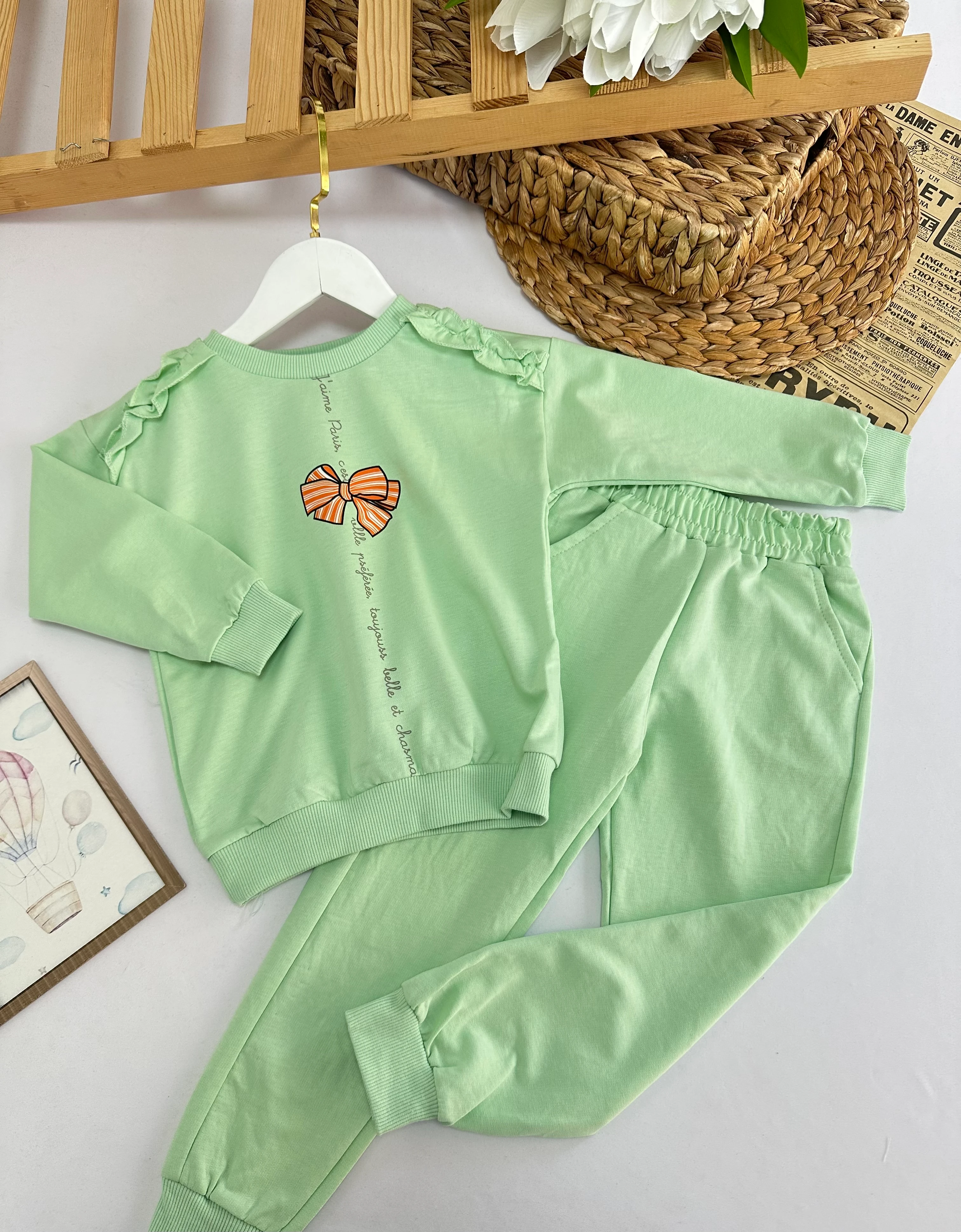Kız Çocuk Yeşil Kurdele Detaylı Takım