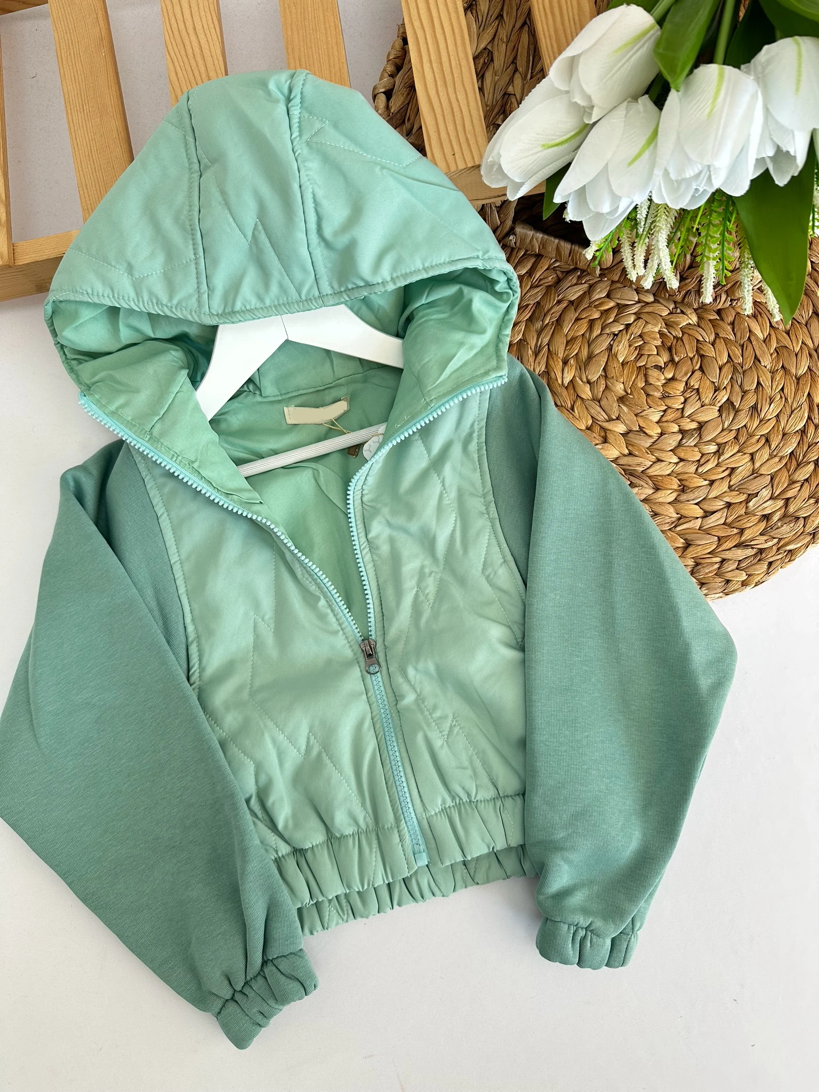 Kız Çocuk Su Yeşili İnce Fermuarlı Mont