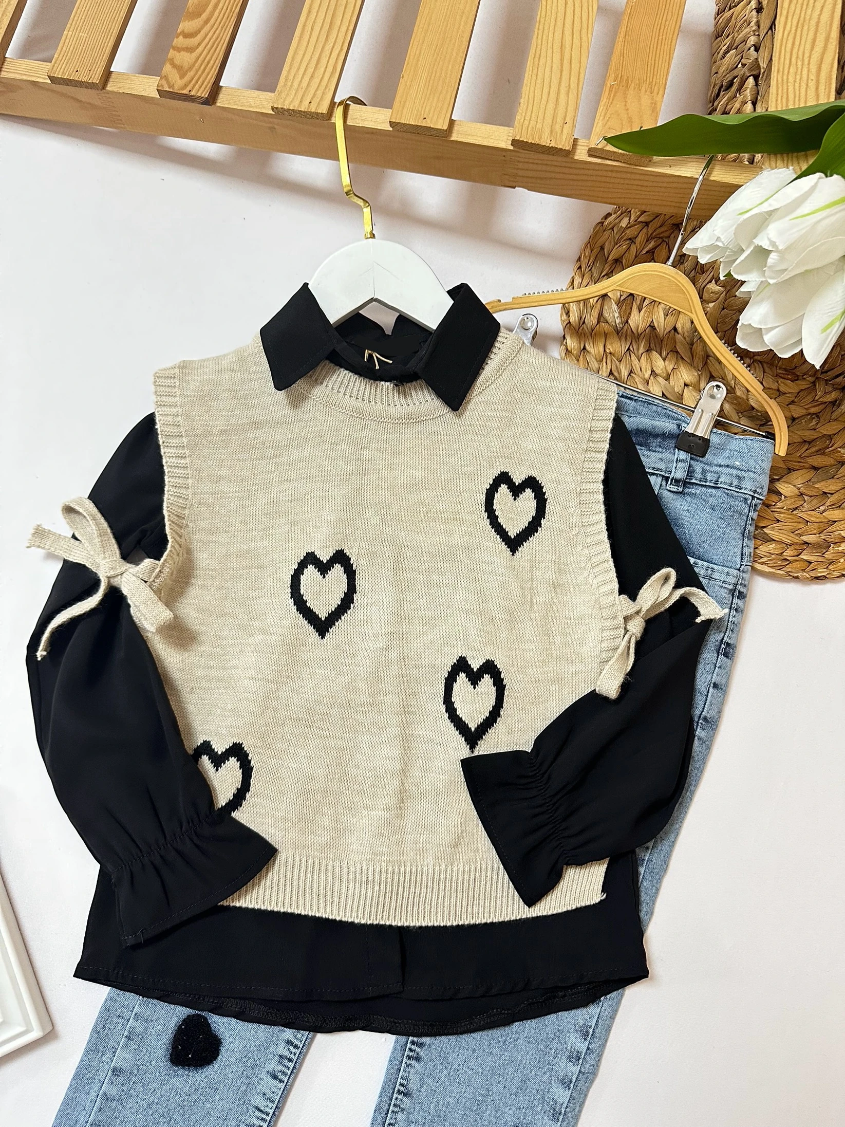 Kız Çocuk Siyah Kalp Trikolu 3'lü Takım