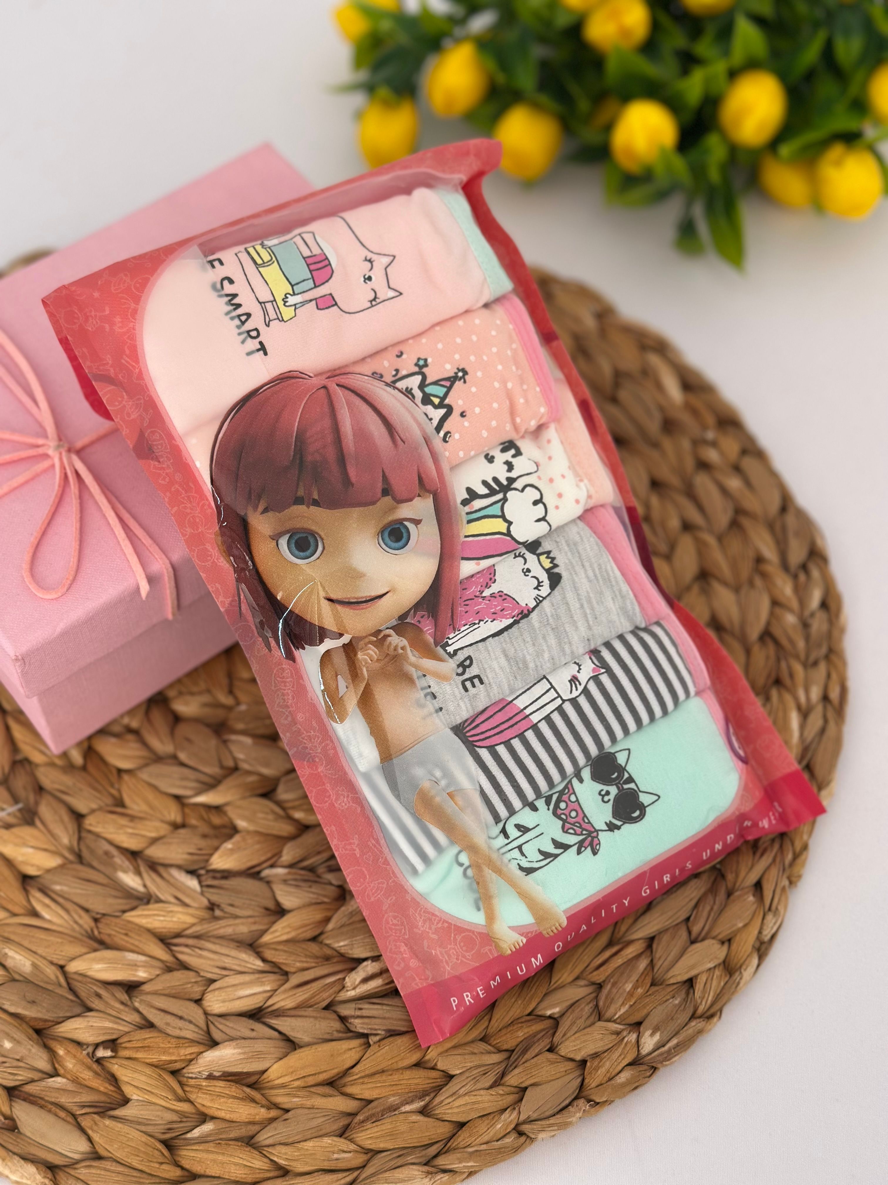 Kız Çocuk Çizgili Kedicik Desenli 6’lı Boxer Set