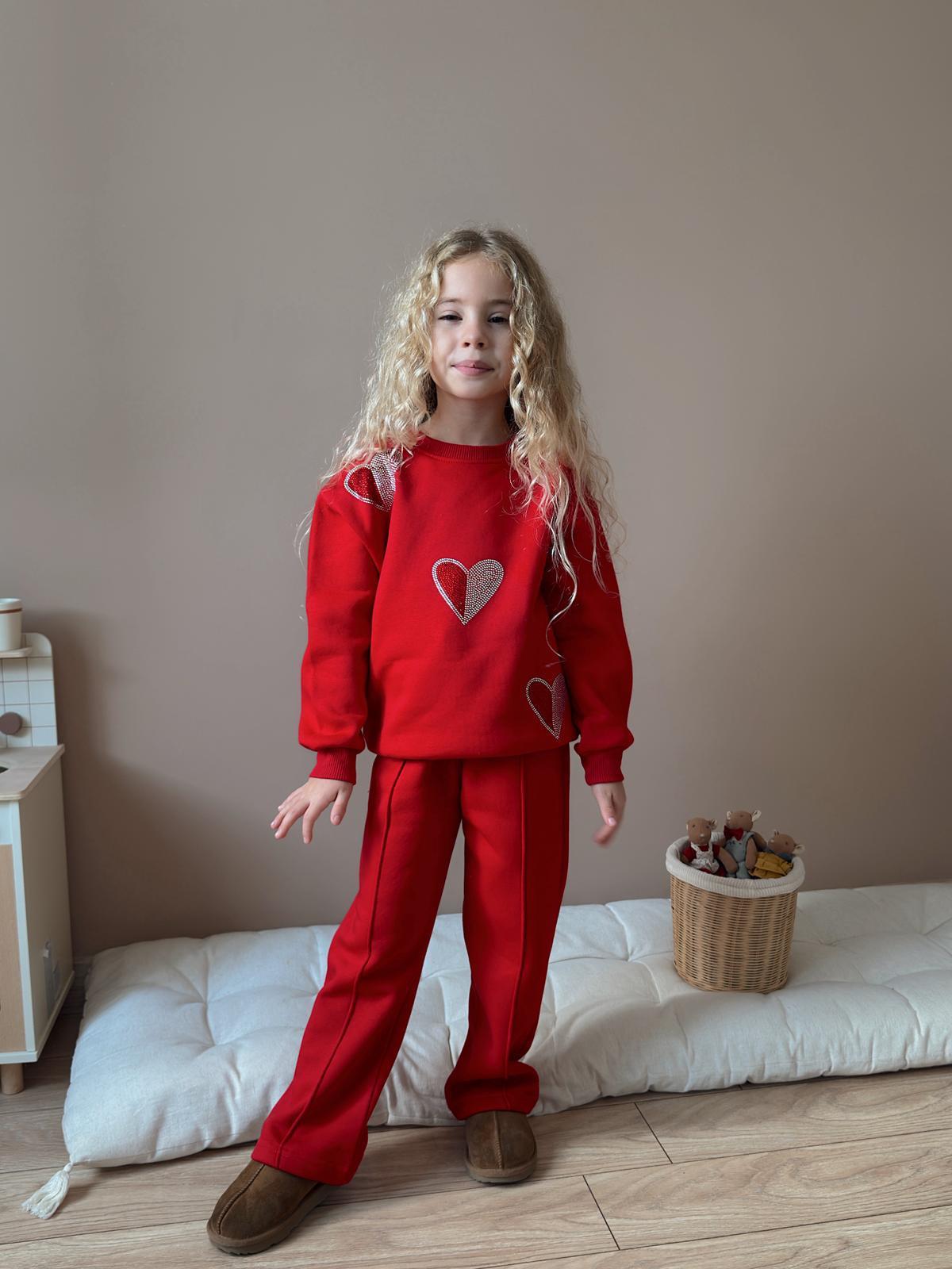Kız Çocuk Kırmızı Kalp Desenli Alt-Üst Takım