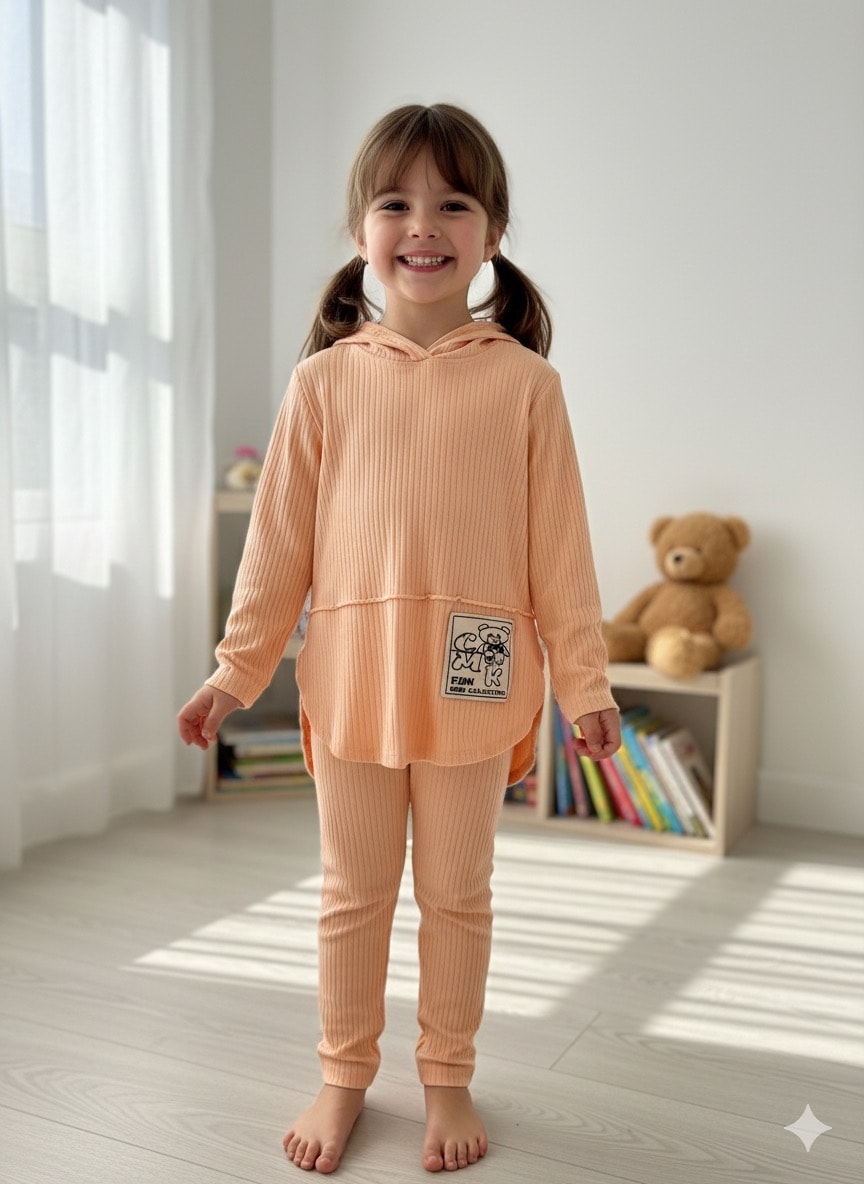 Kız Çocuk Somon Fitilli Ayıcık Desenli Takım