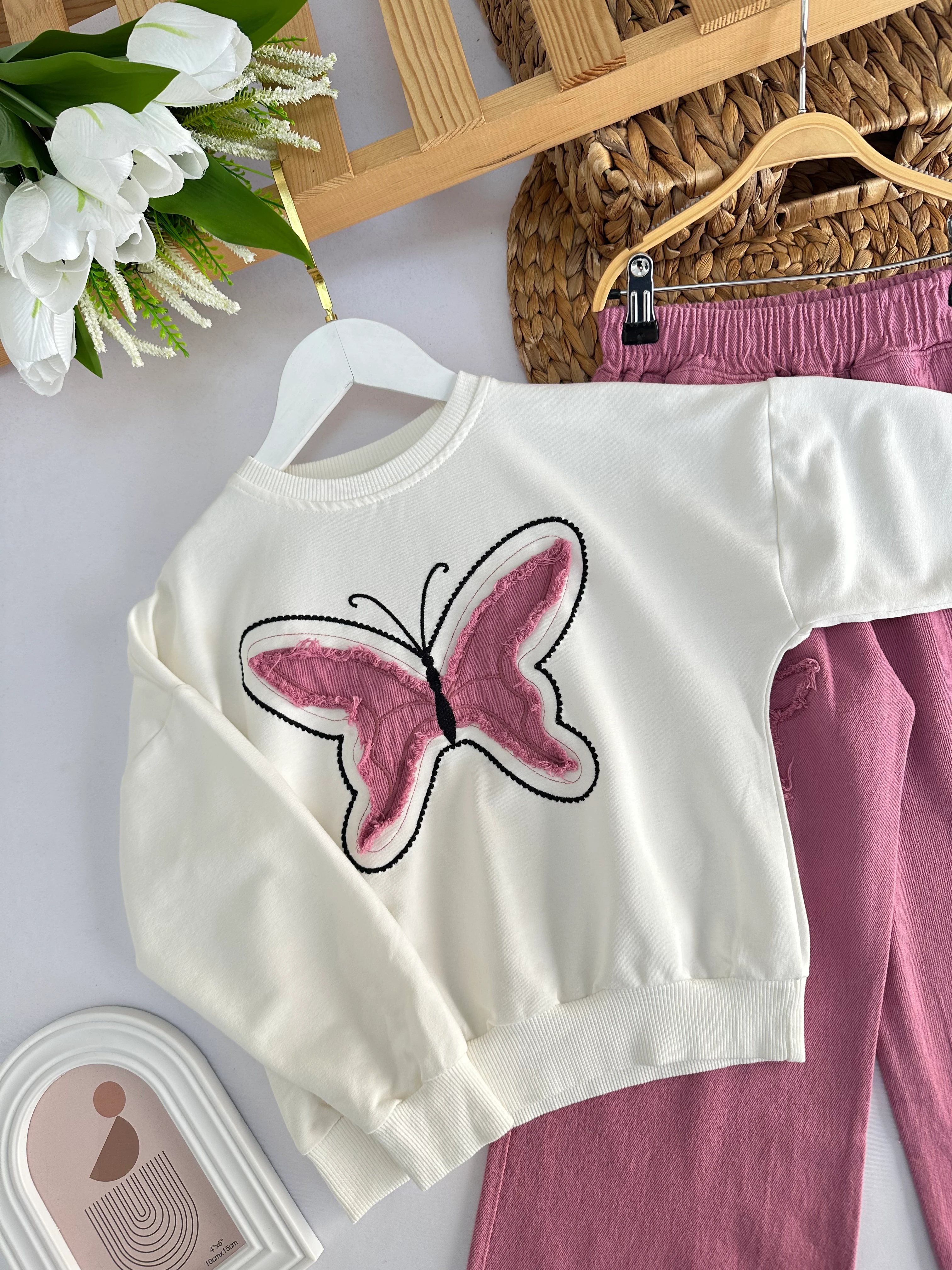 Kız Çocuk Pembe Kelebek Pantolonlu Takım