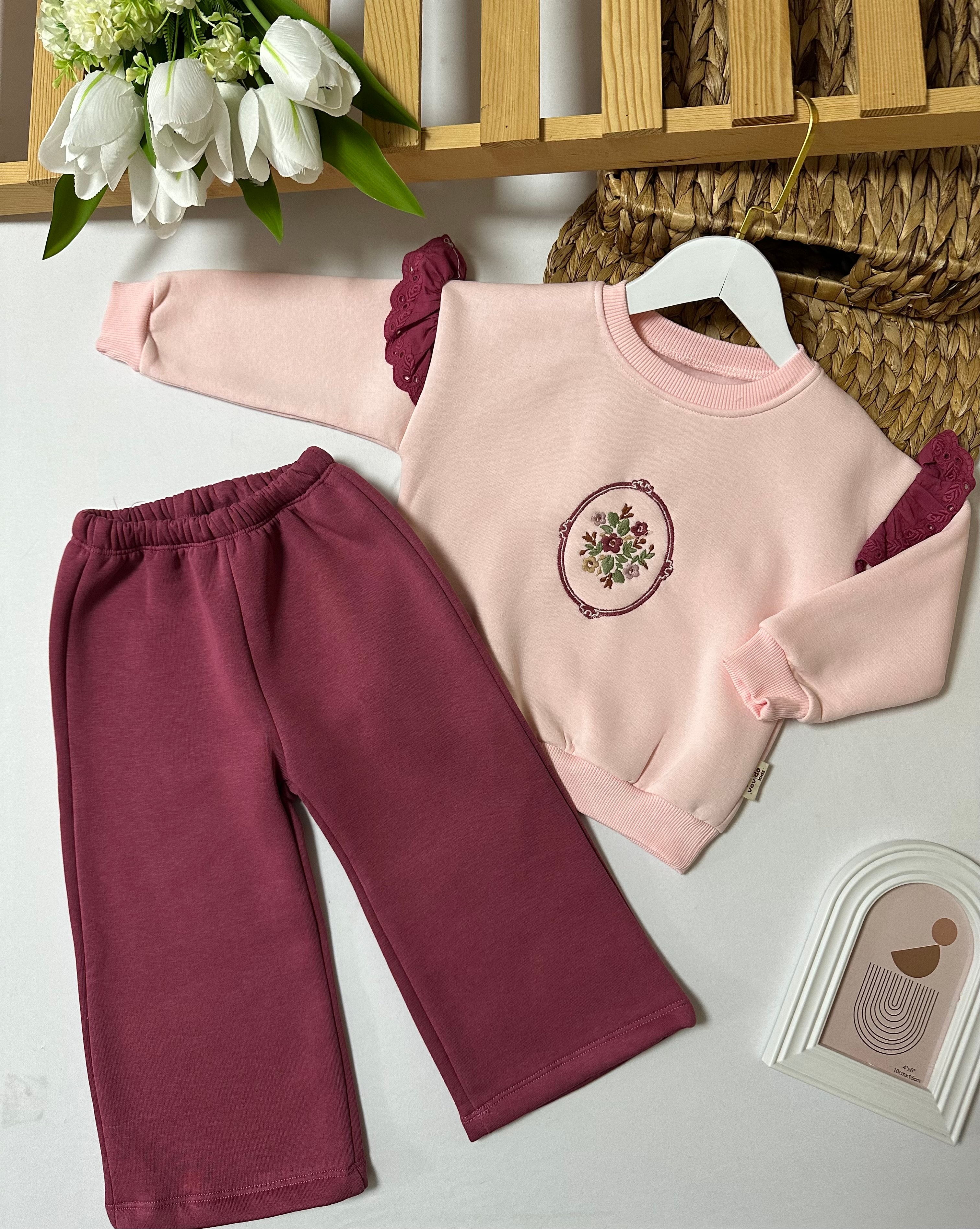 Kız Çocuk Mürdüm Kolu Dantel Detaylı Takım