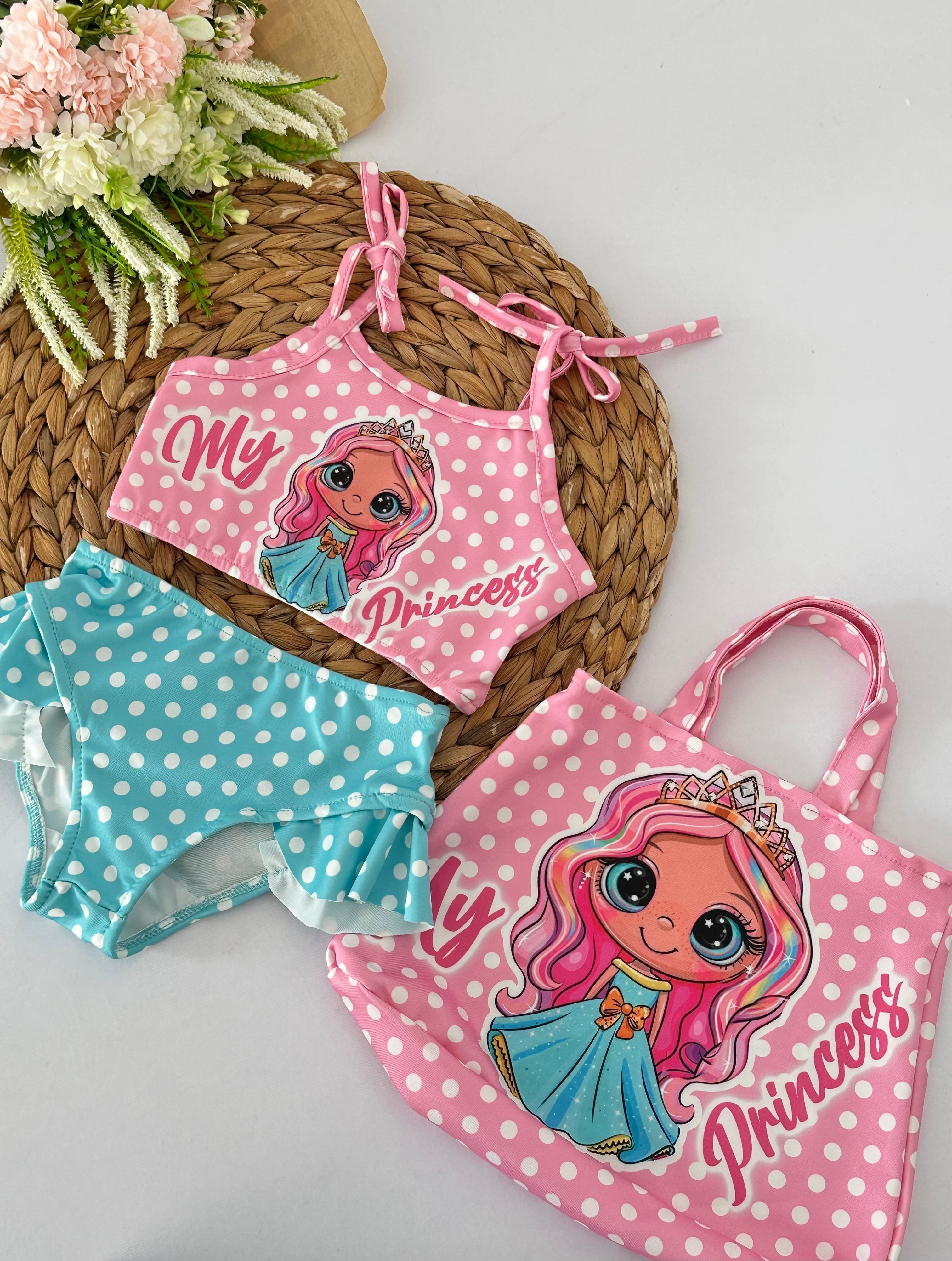 Kız Çocuk Puantiyeli Prenses Baskılı Çantalı Bikini Takımı