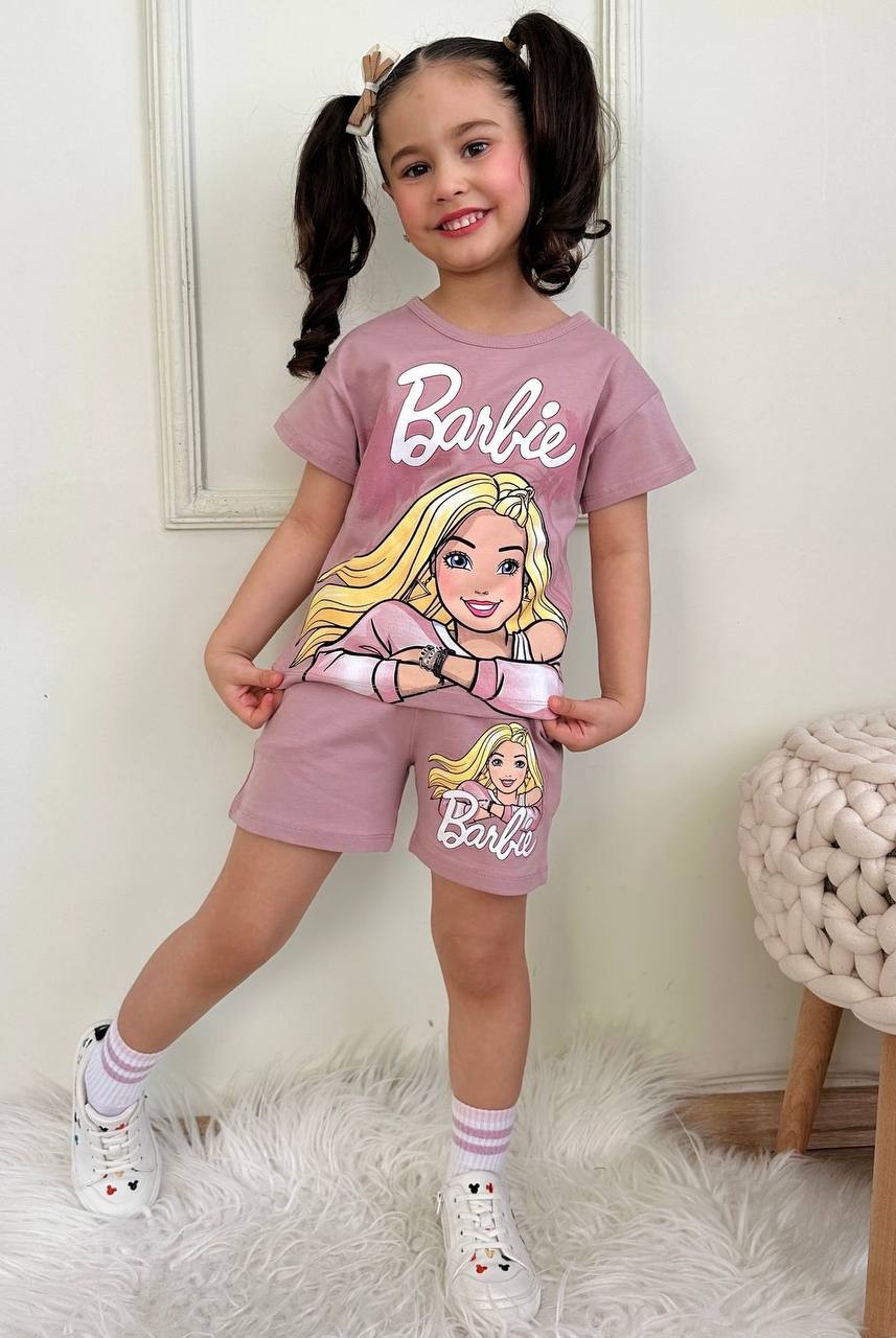 Kız Çocuk Pudra Barbie Şortlu Takım