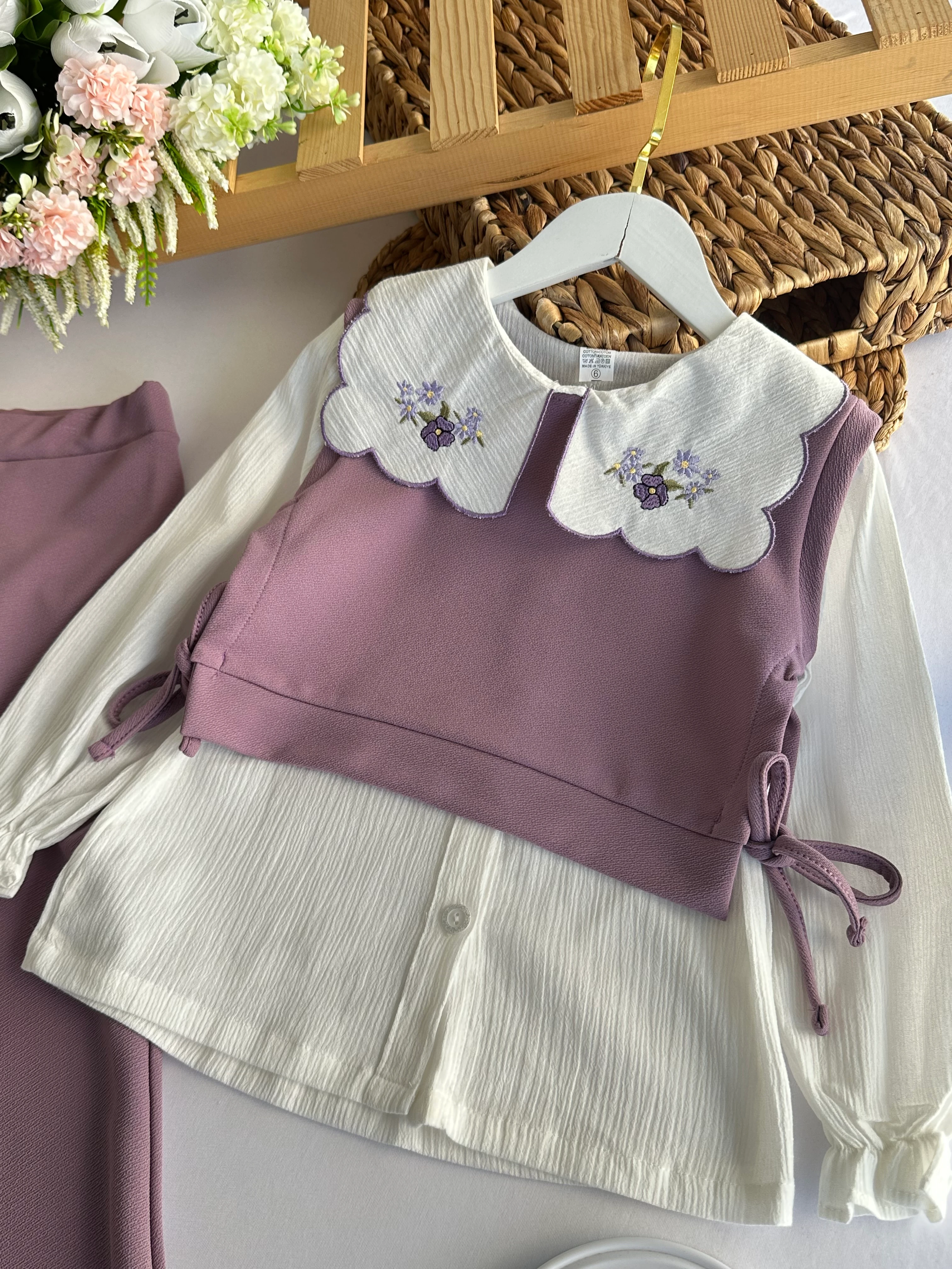 Kız Çocuk Mor Çiçek Nakış Yakalı 3’lü Takım