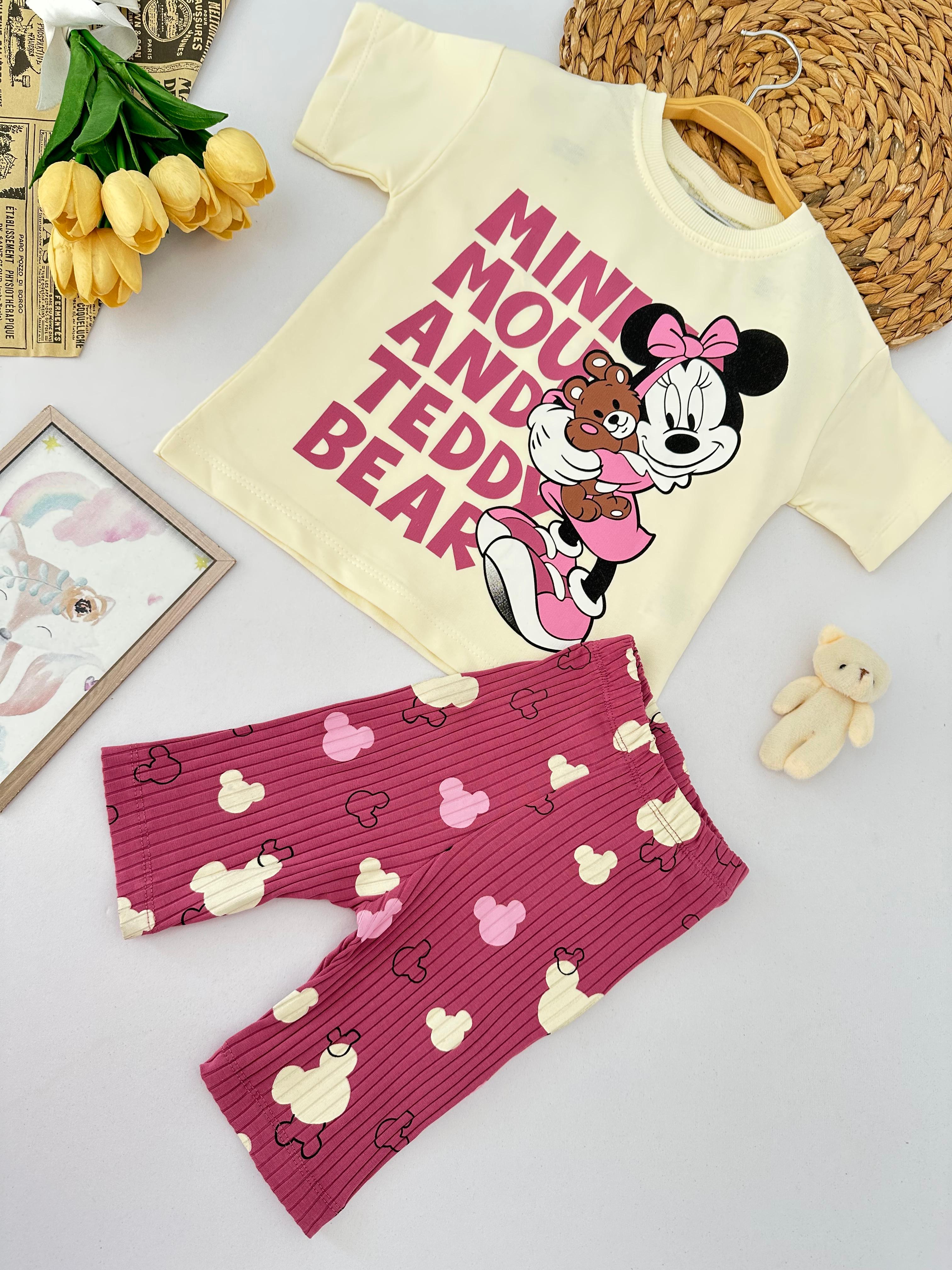 Kız Çocuk Mürdüm Minnie Teddy Kapri Takım 