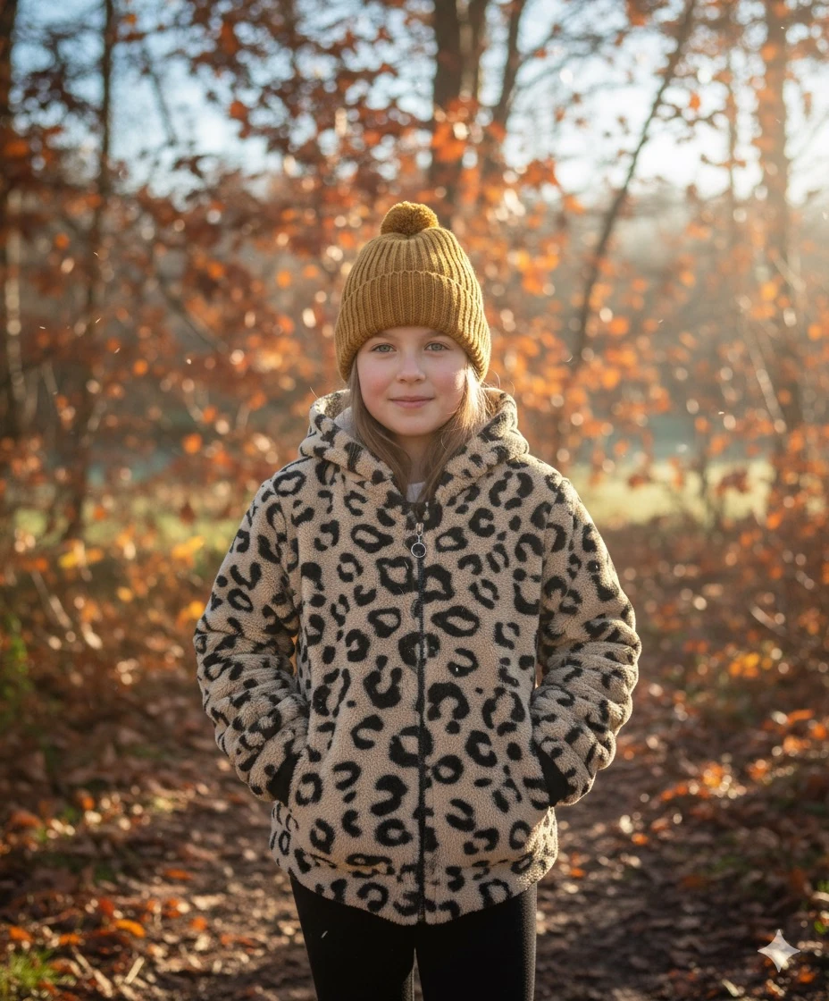 Kız Çocuk Kahve Leopar Kapüşonlu Peluş Hırka