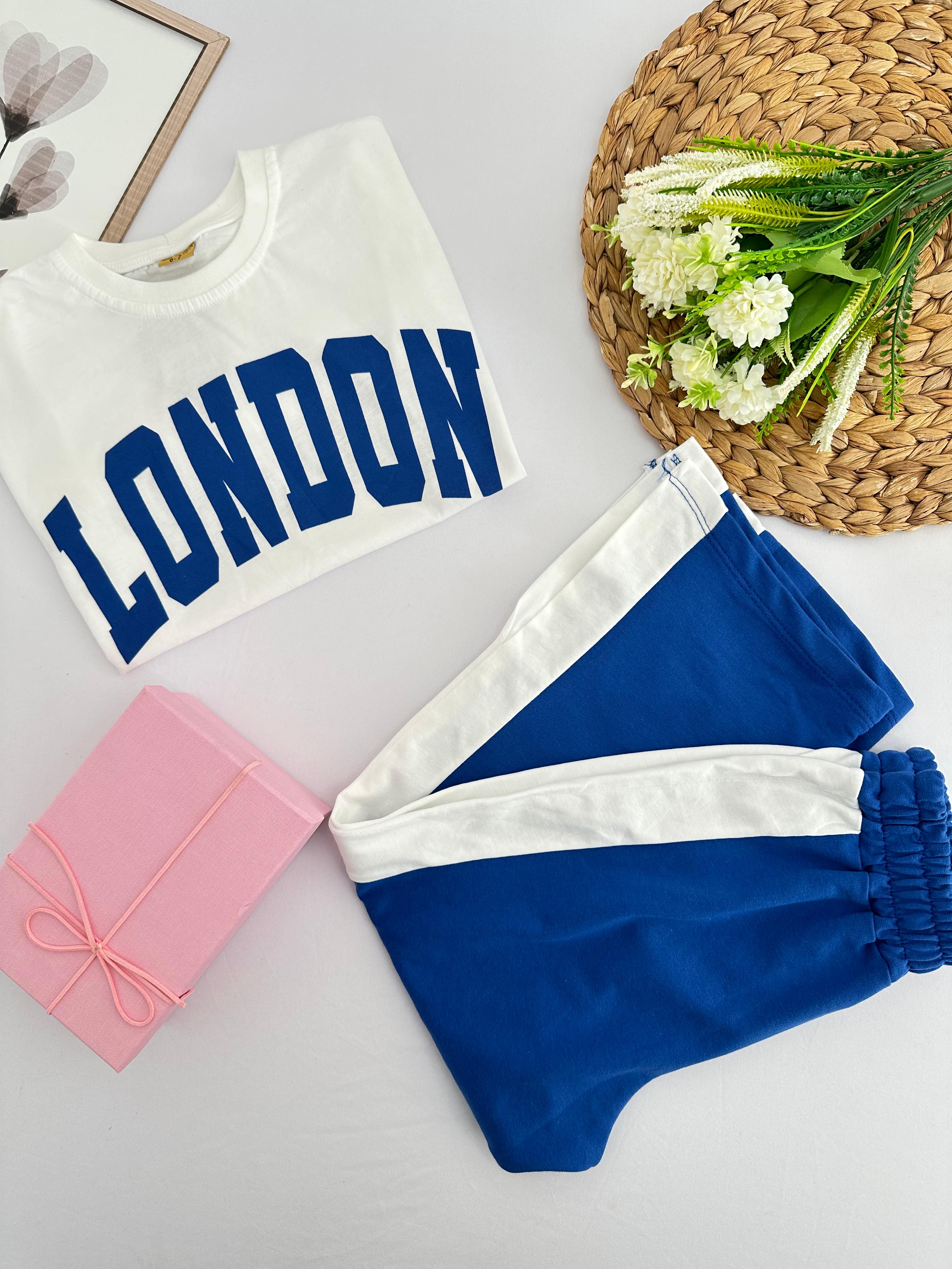 Kız Çocuk Mavi London Paçası Yırtmaçlı Takım