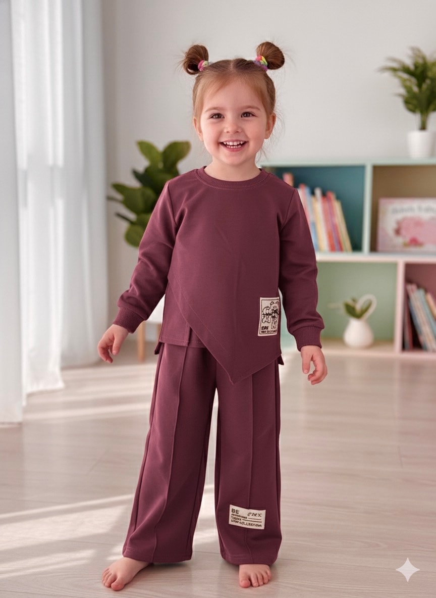 Kız Çocuk Mor Ayıcık Yan Kesim Desenli Takım