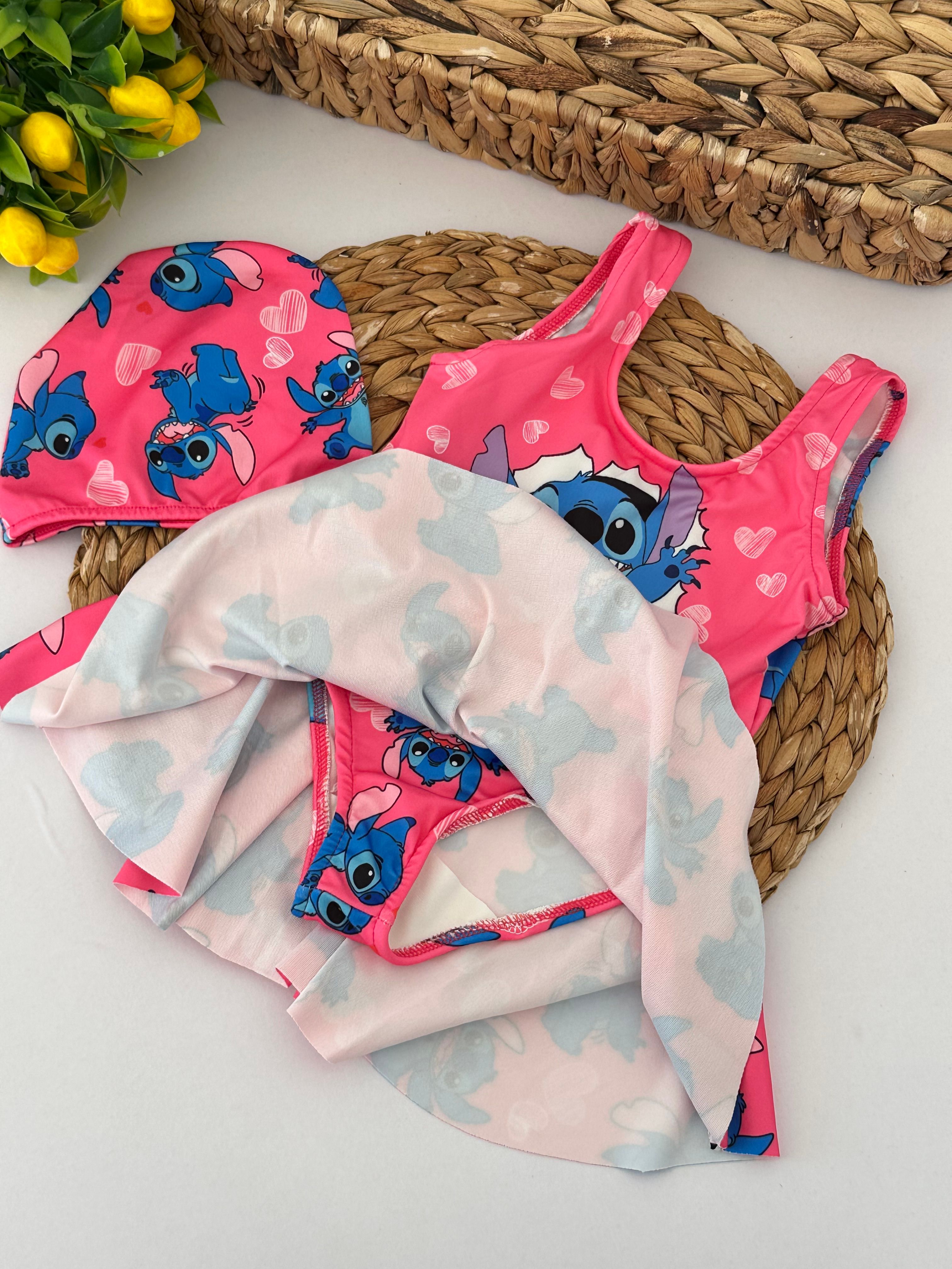 Kız Çocuk Fuşya Stitch Boneli Etekli Mayo