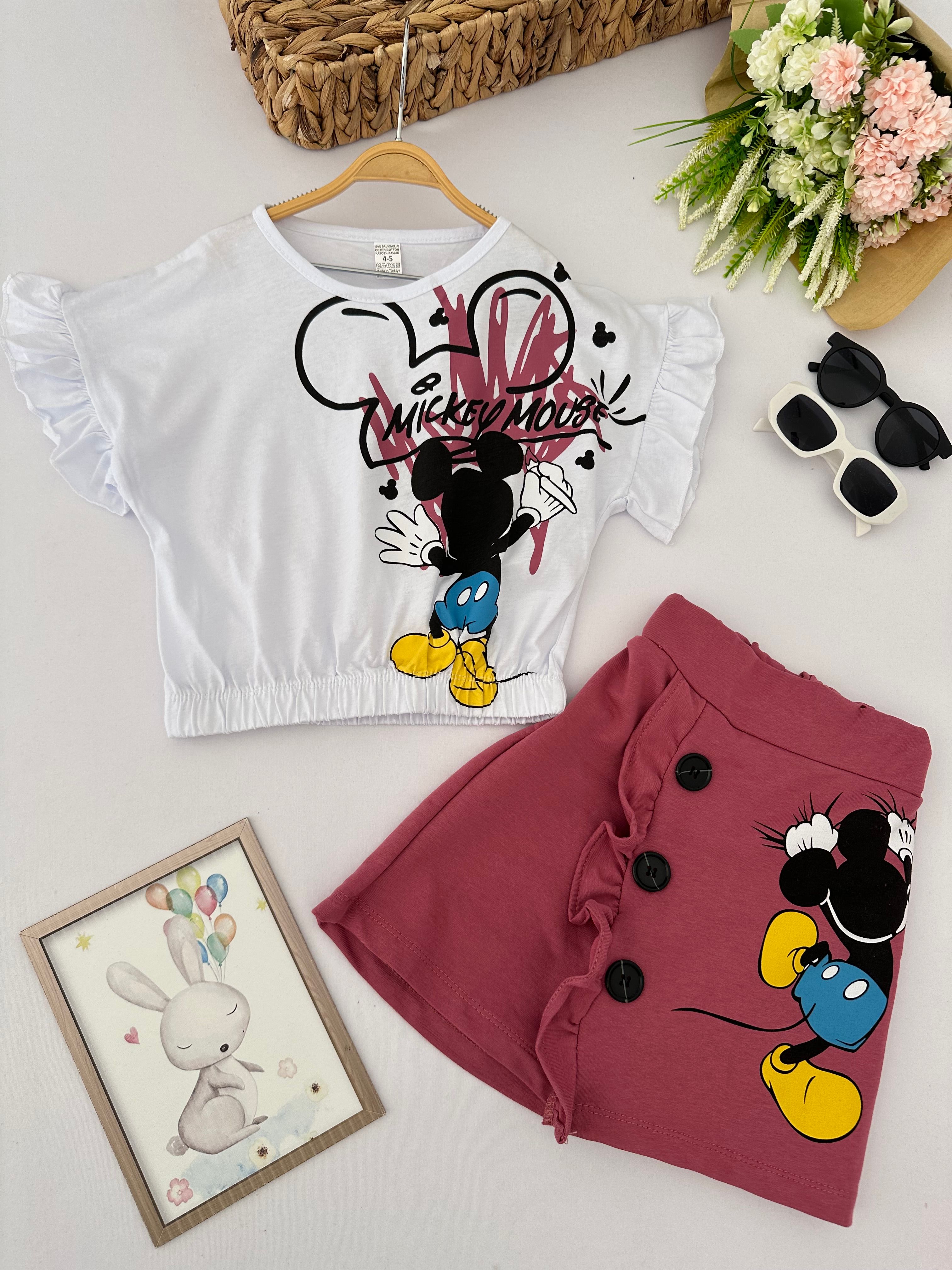 Kız Çocuk Mürdüm Mickey Mouse Şort Etekli Crop Takım