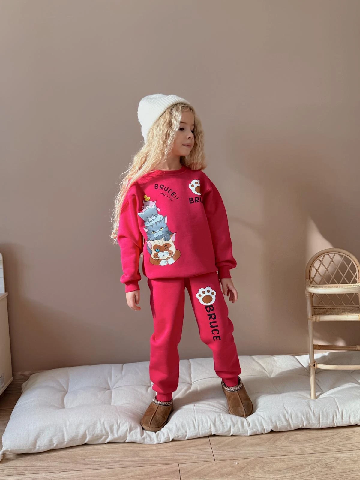 Kız Çocuk Fuşya  Kedili Alt-Üst Takım