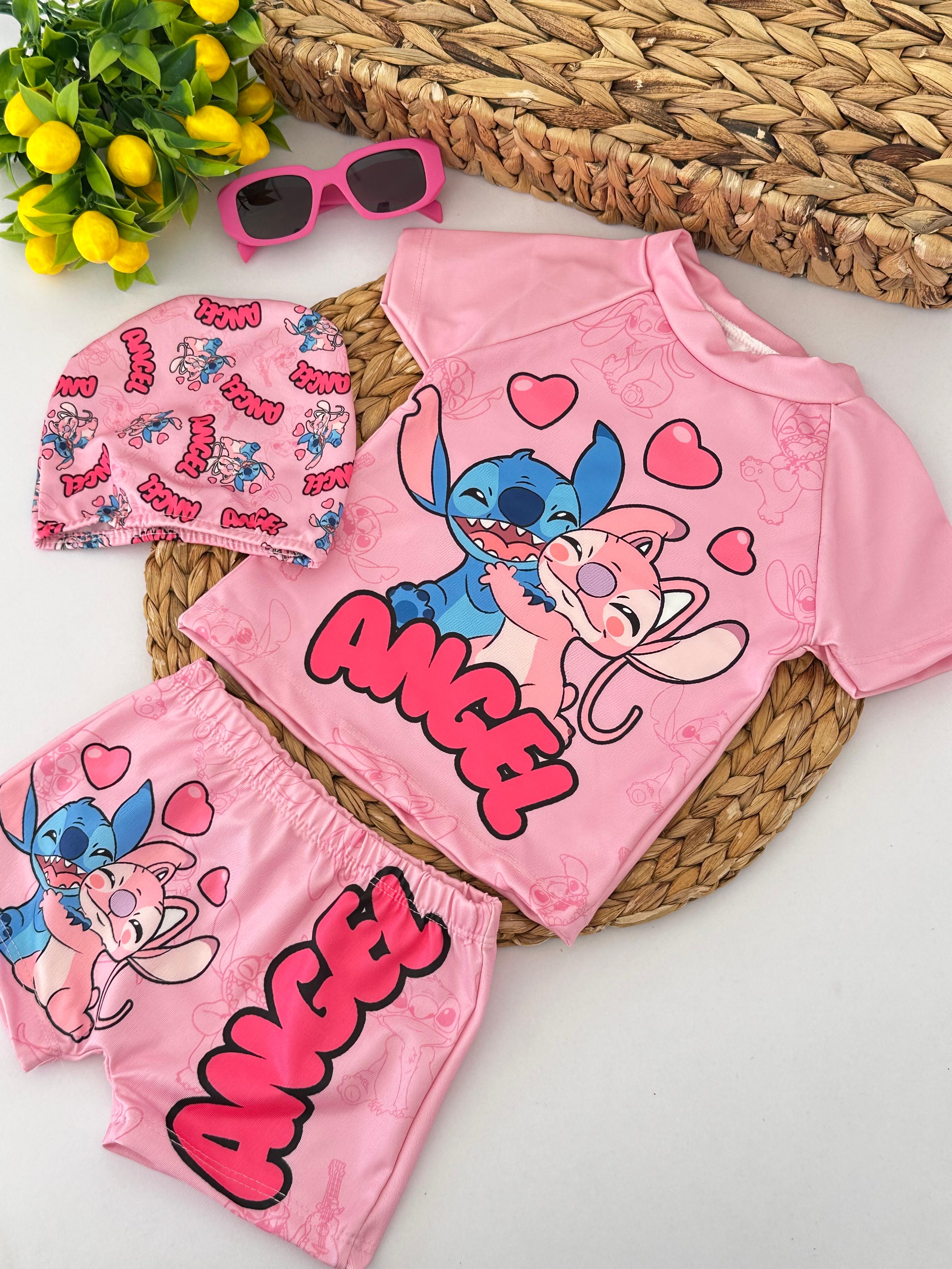 Kız Çocuk Pembe Stitch Angel Şortlu Boneli Mayo