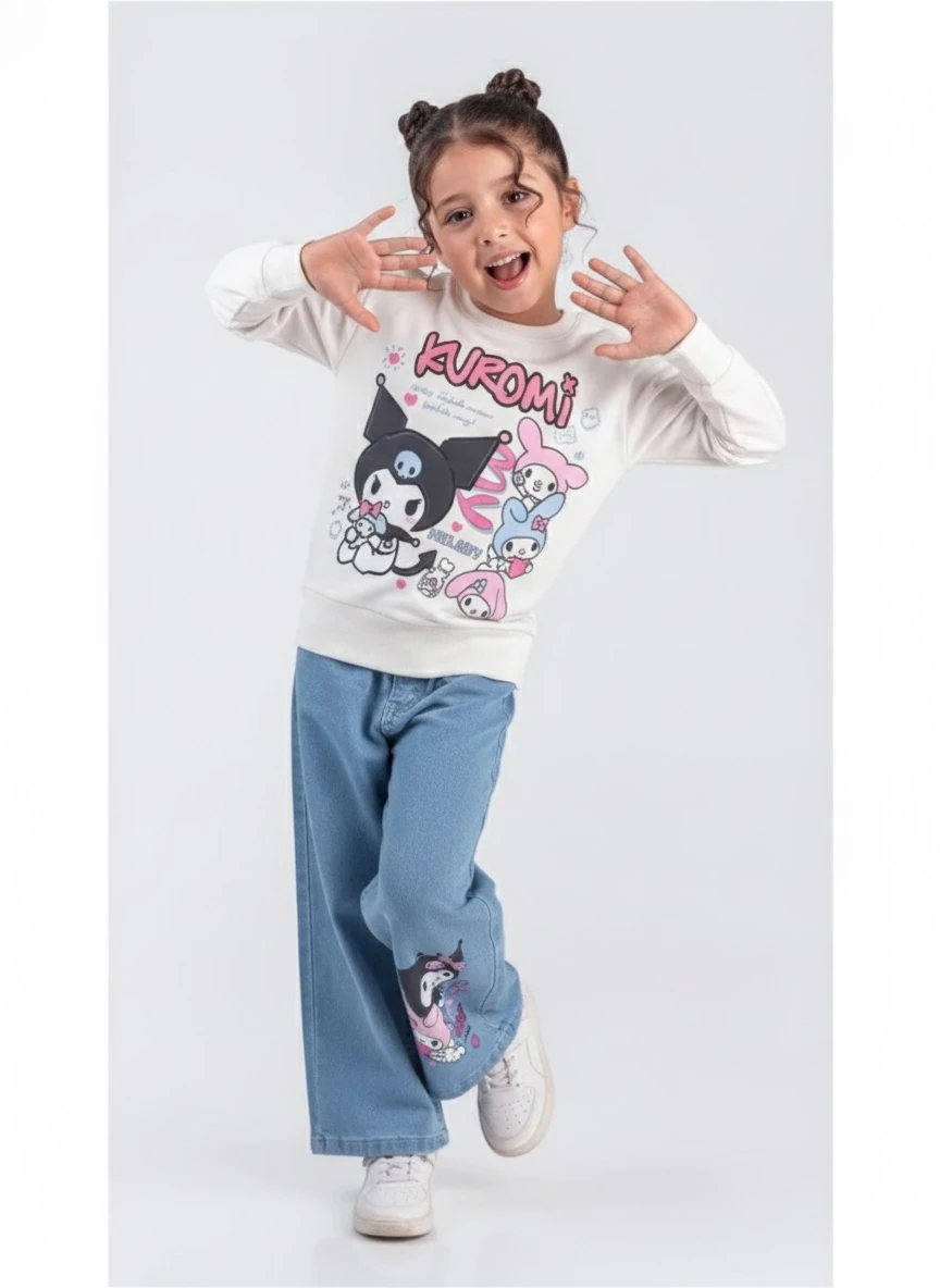 Kız Çocuk Beyaz Kuromi My Melody Kot Pantolon Sweat Takım