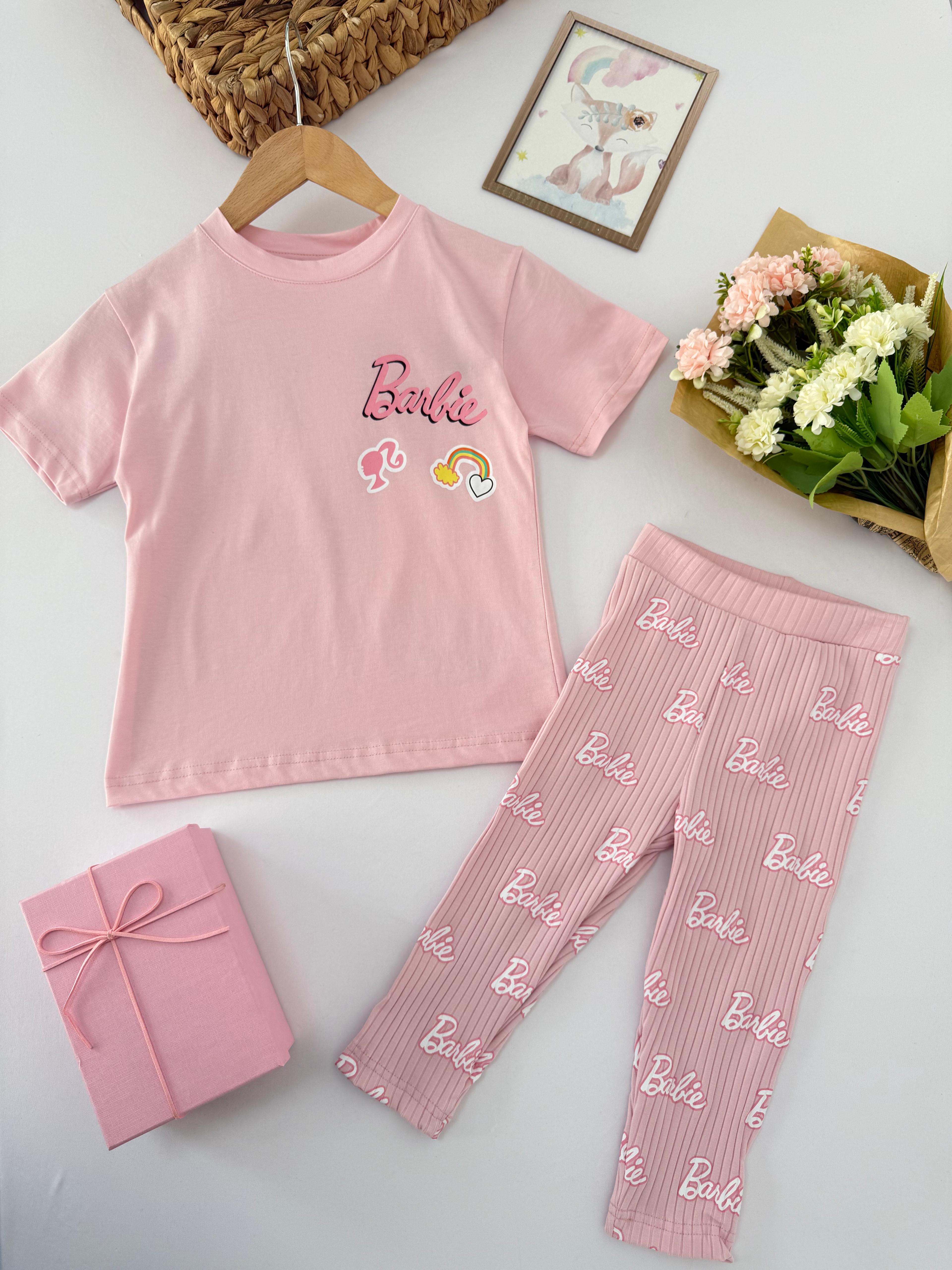 Kız Çocuk Toz Pembe Barbie Desenli Takım