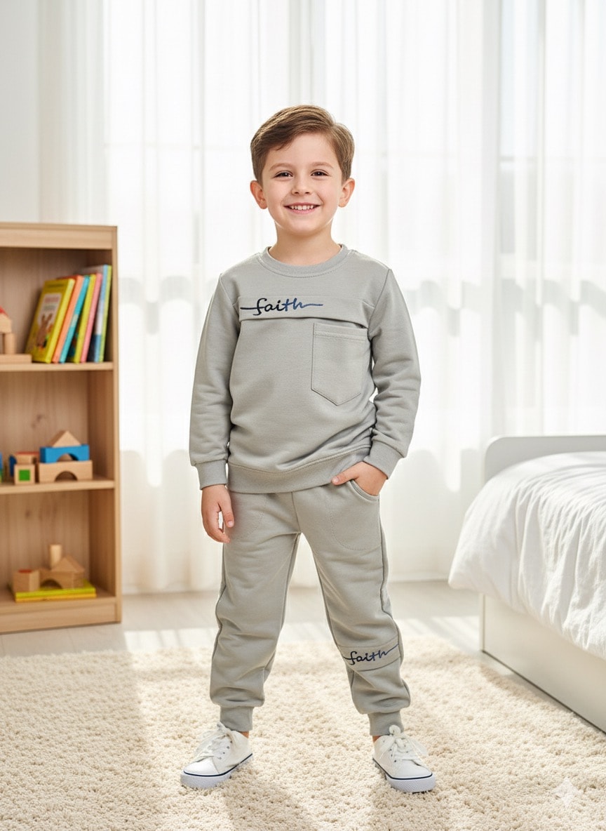 Erkek Çocuk Gri Faith Desenli Alt-Üst Takım