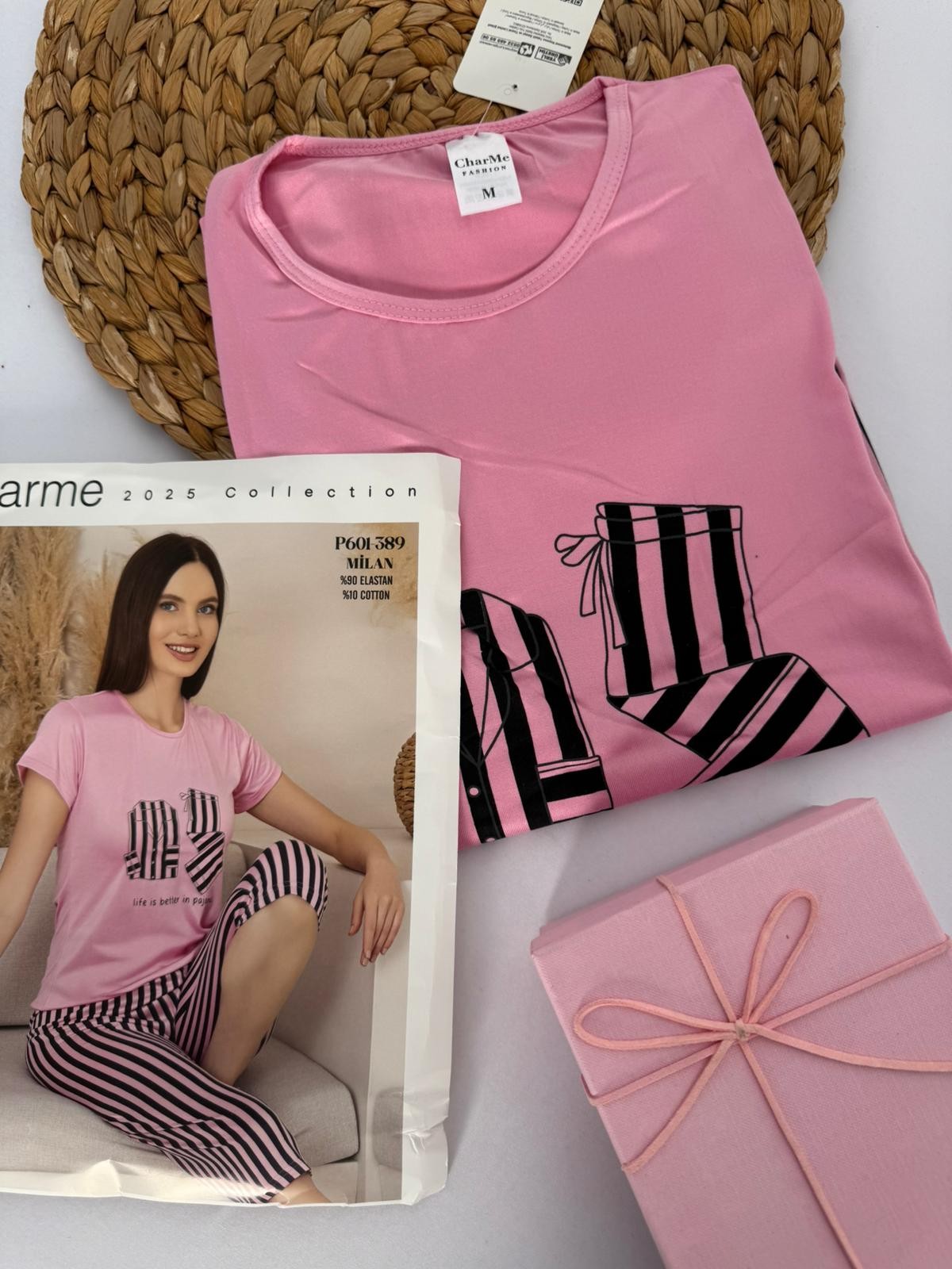 Pembe Şeritli Kaprili Kadın Pijama Takımı
