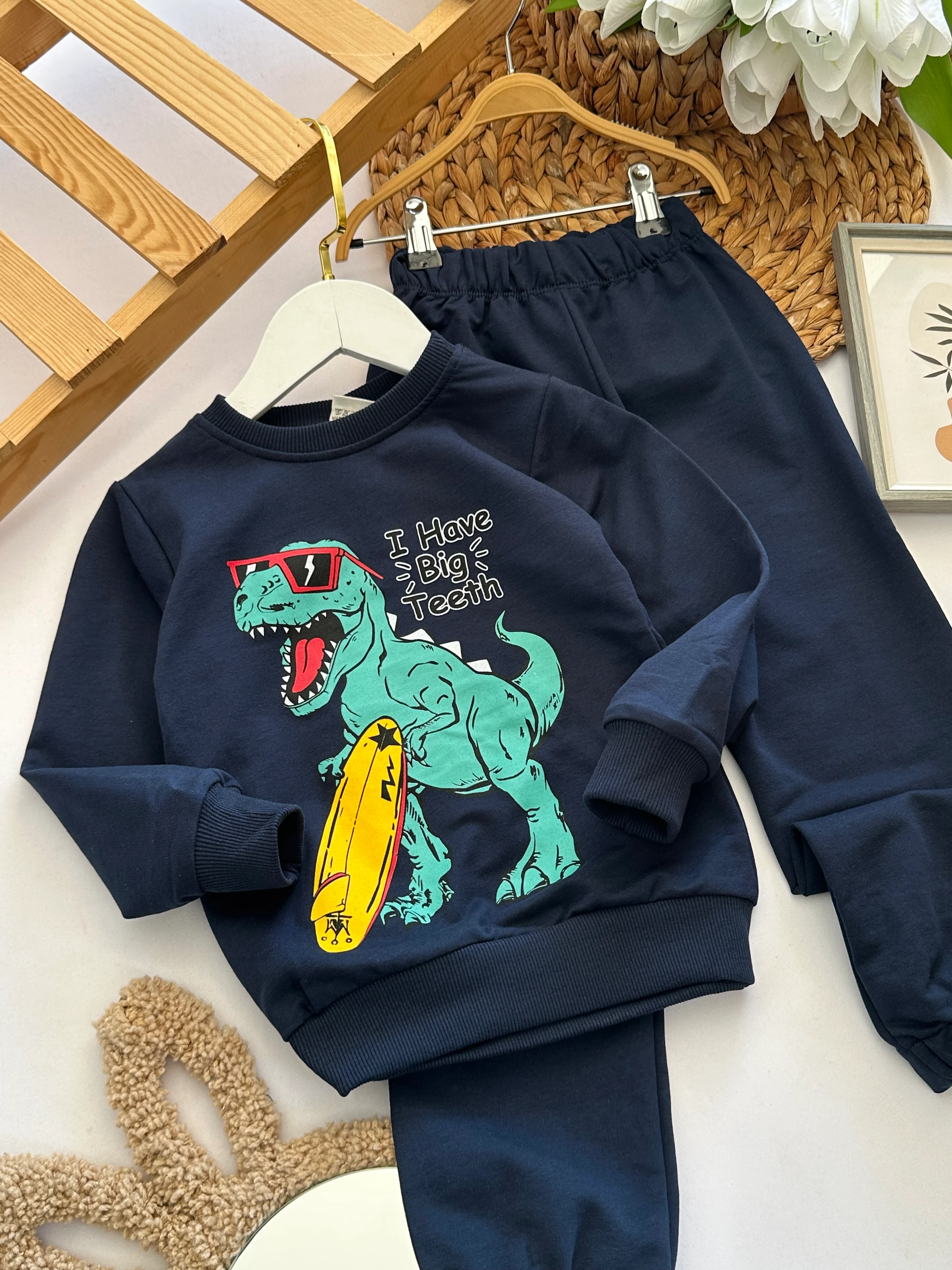 Erkek Çocuk Lacivert Dinozor Baskılı Takım 