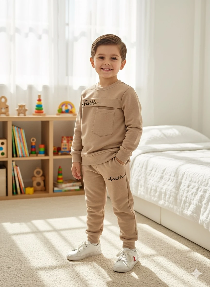 Erkek Çocuk Vizon Faith Desenli Alt-Üst Takım