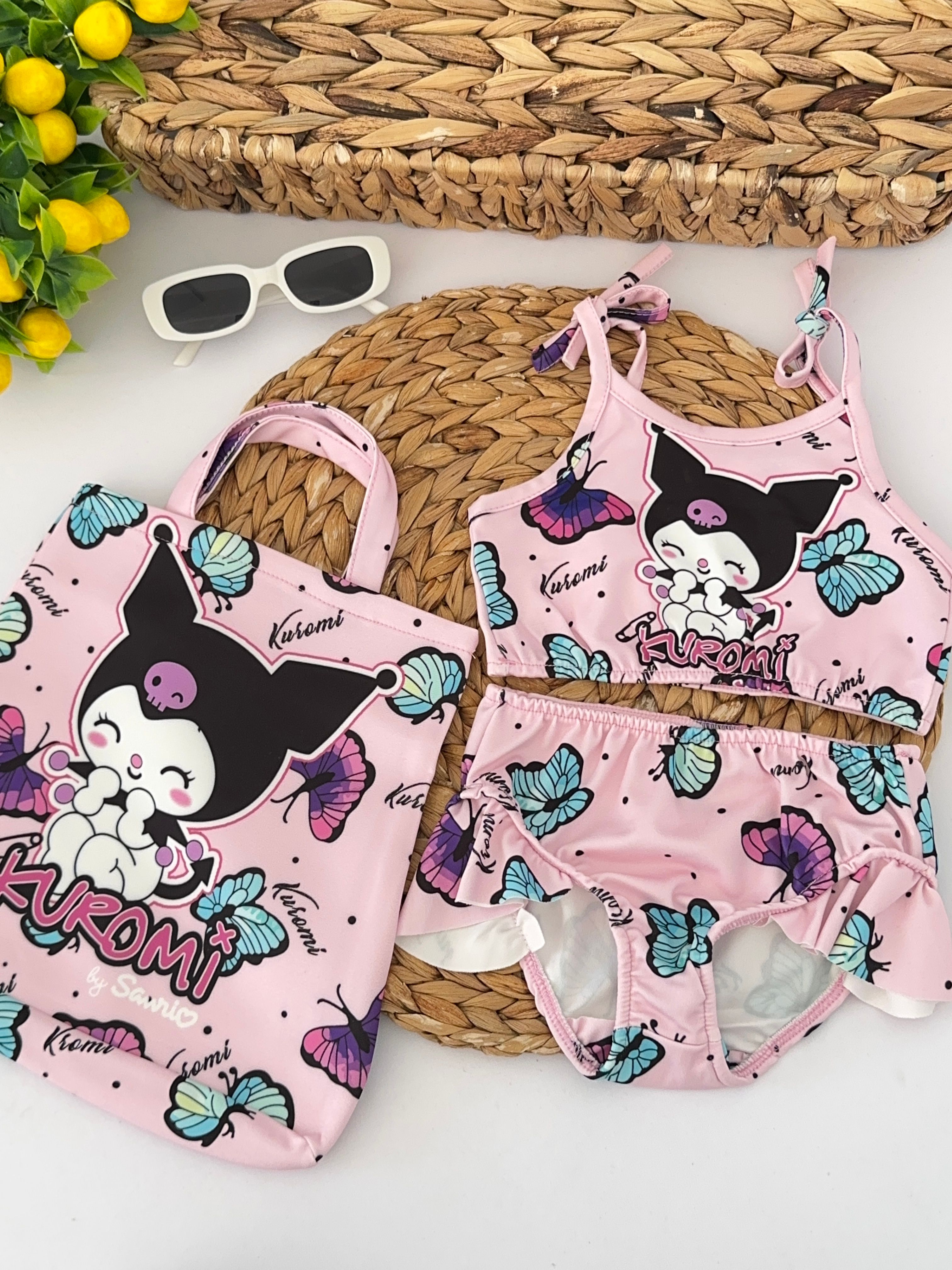 Kız Çocuk Pembe Kuromi Çantalı Bikini Takımı