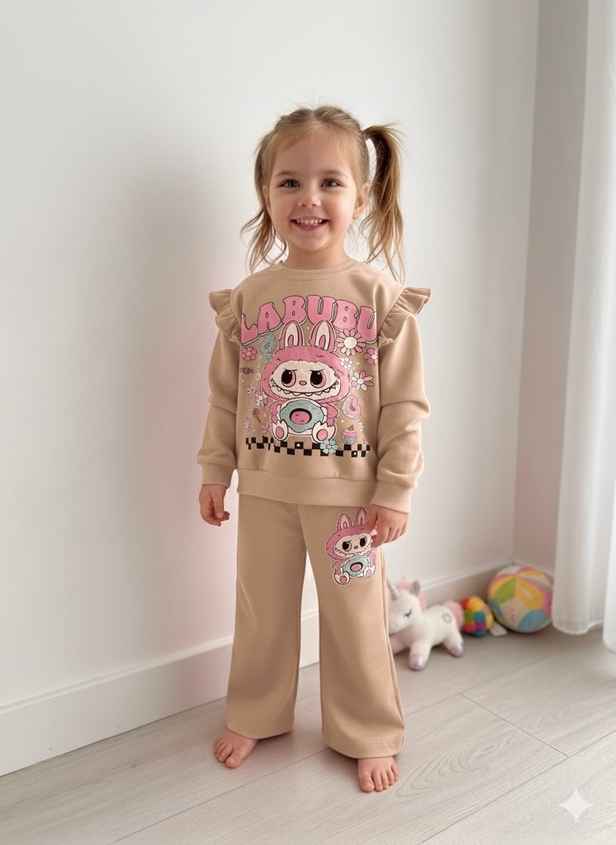 Kız Çocuk Vizon  Labubu Baskılı 2’li Takım