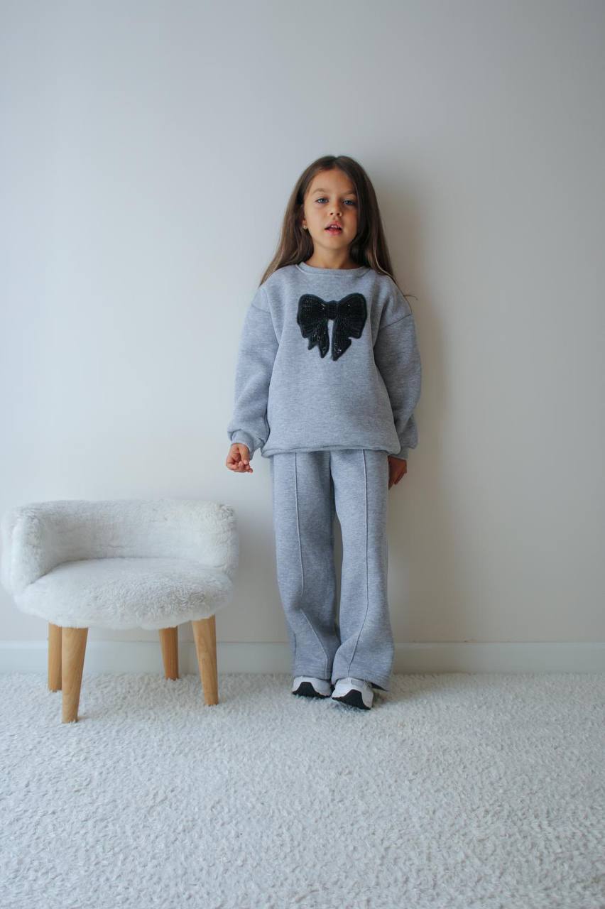 Kız Çocuk Gri Siyah Boncuk Fiyonklu Alt-Üst Takım