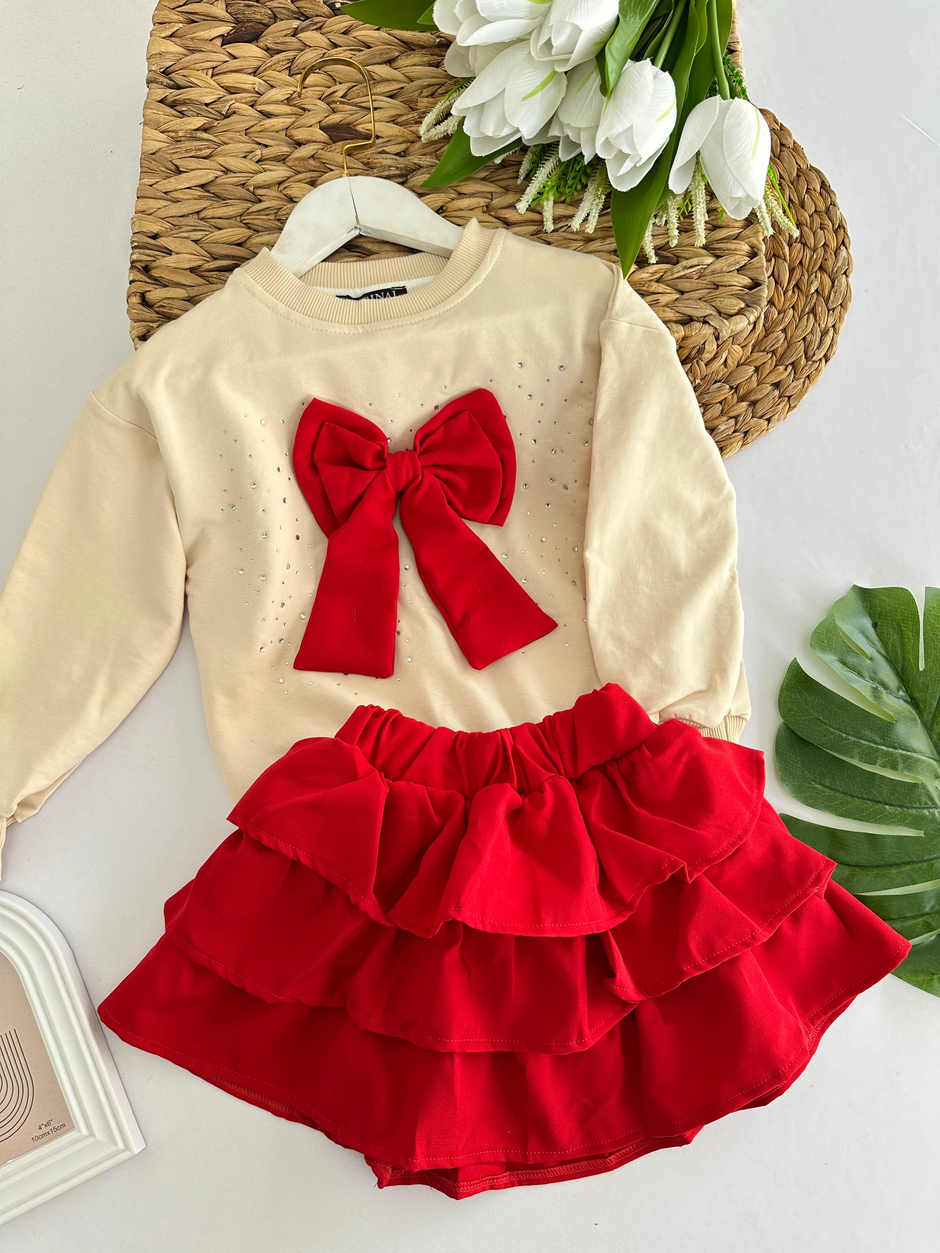 Kız Çocuk Kırmızı Fiyonklu Etekli Takım