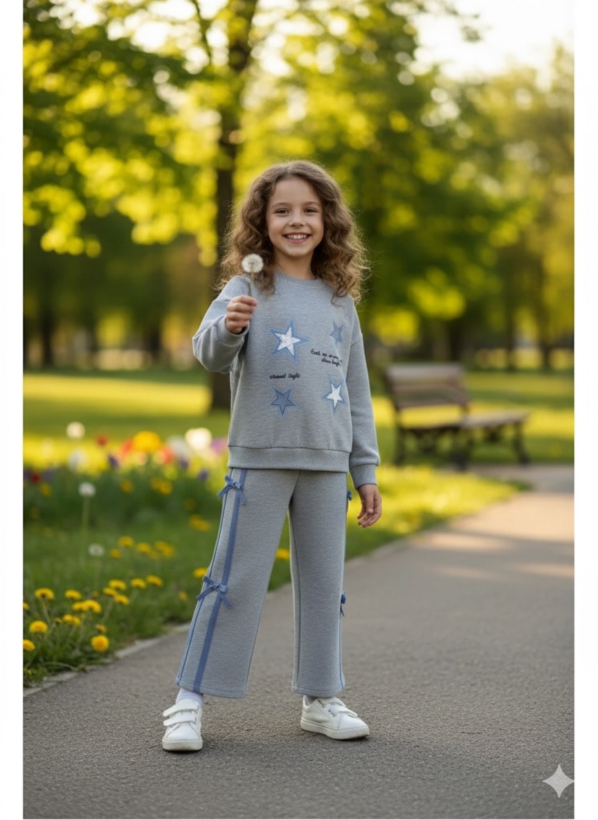 Kız Çocuk Gri Yıldızlı Şeritli Alt-Üst Takım