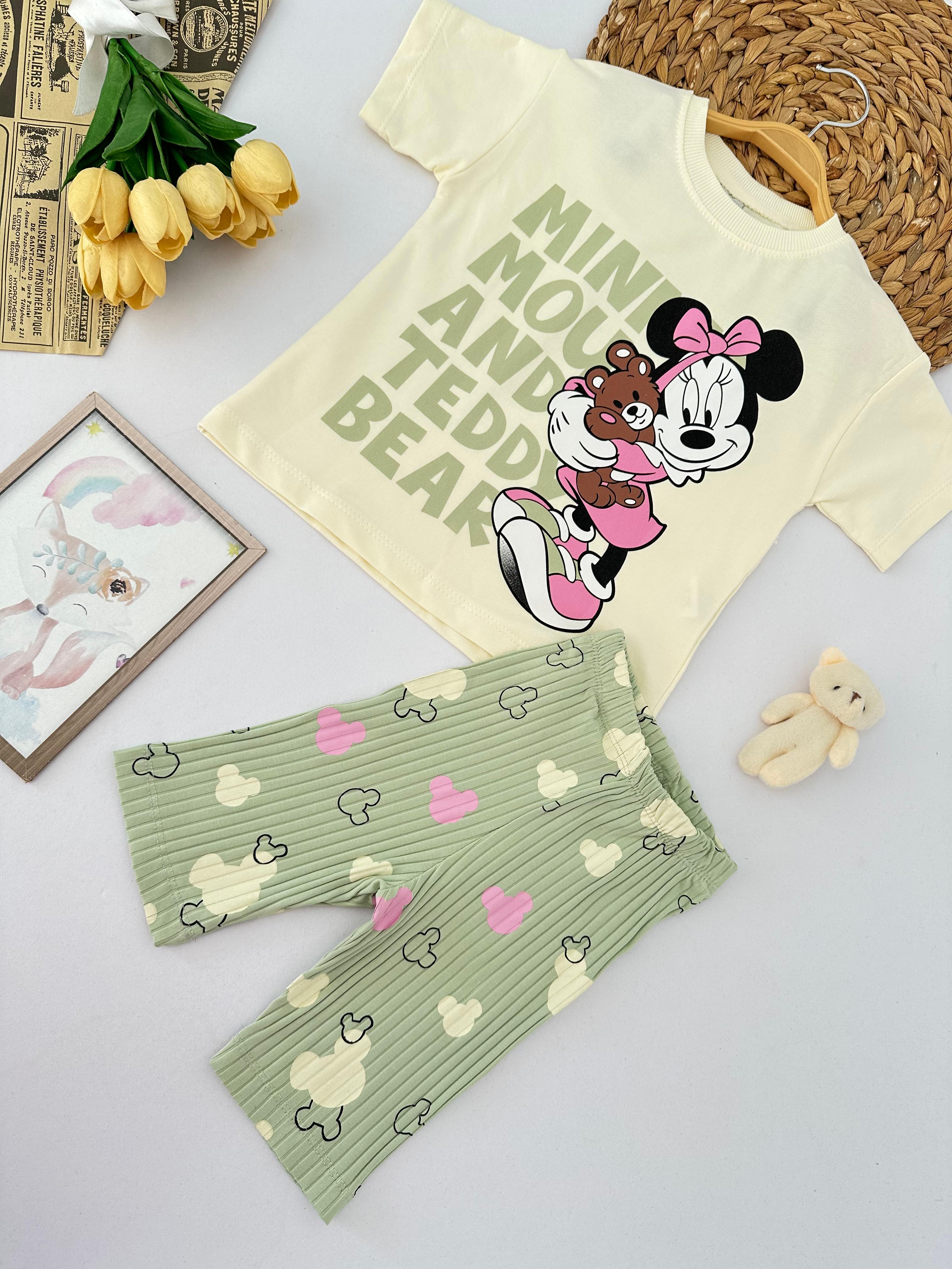 Kız Çocuk Yeşil Minnie Teddy Kapri Takım