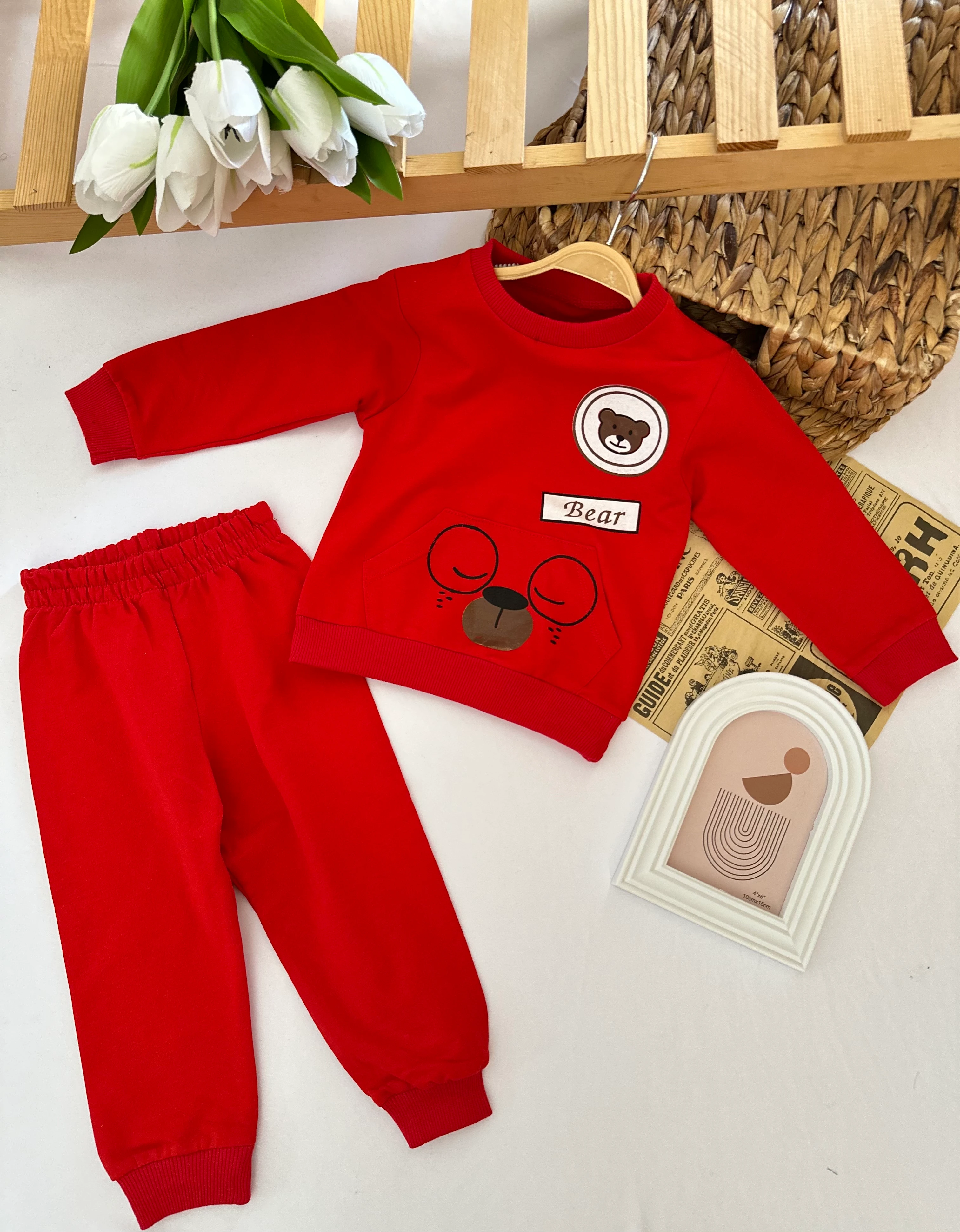 Unisex Kırmızı Ayıcık Baskılı Takım