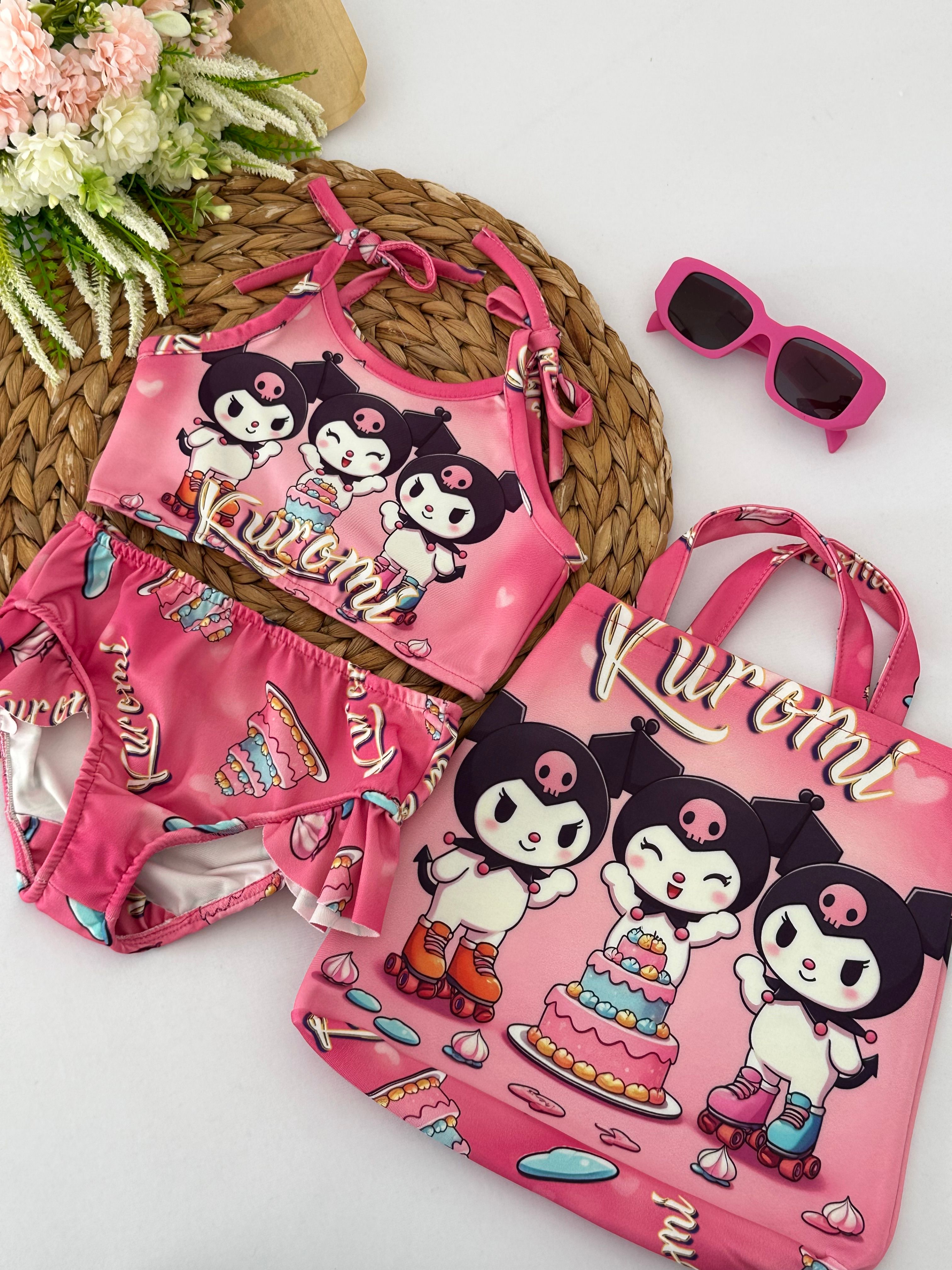 Kız Çocuk Pembe Kuromi Çantalı Bikini Takımı