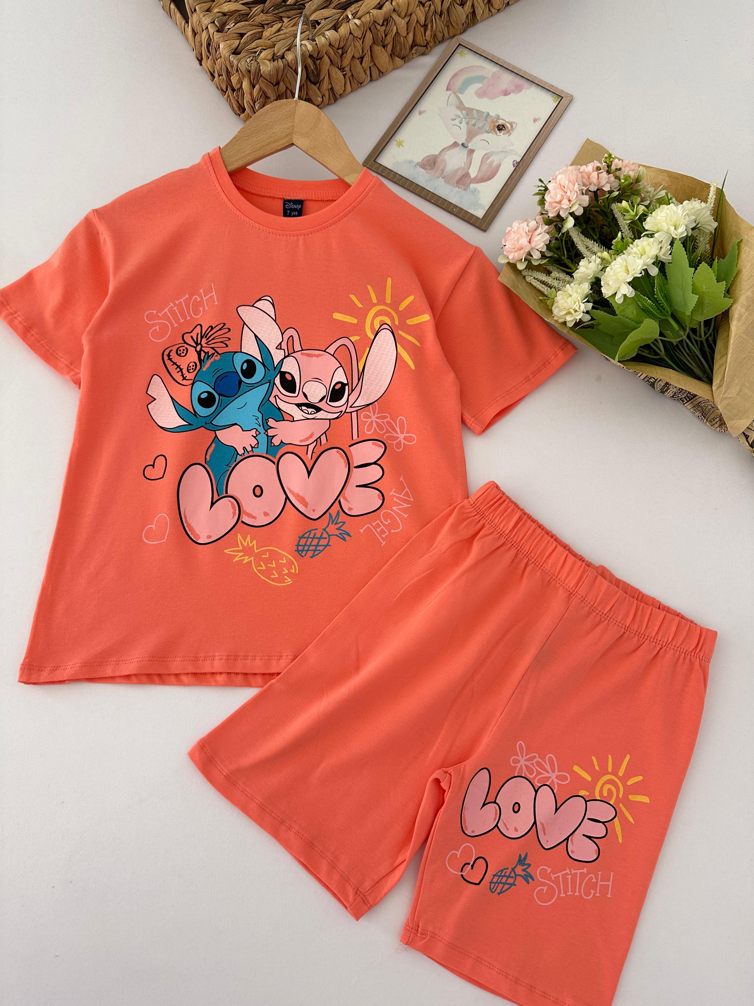 Kız Çocuk Somon Stitch Şortlu Takım