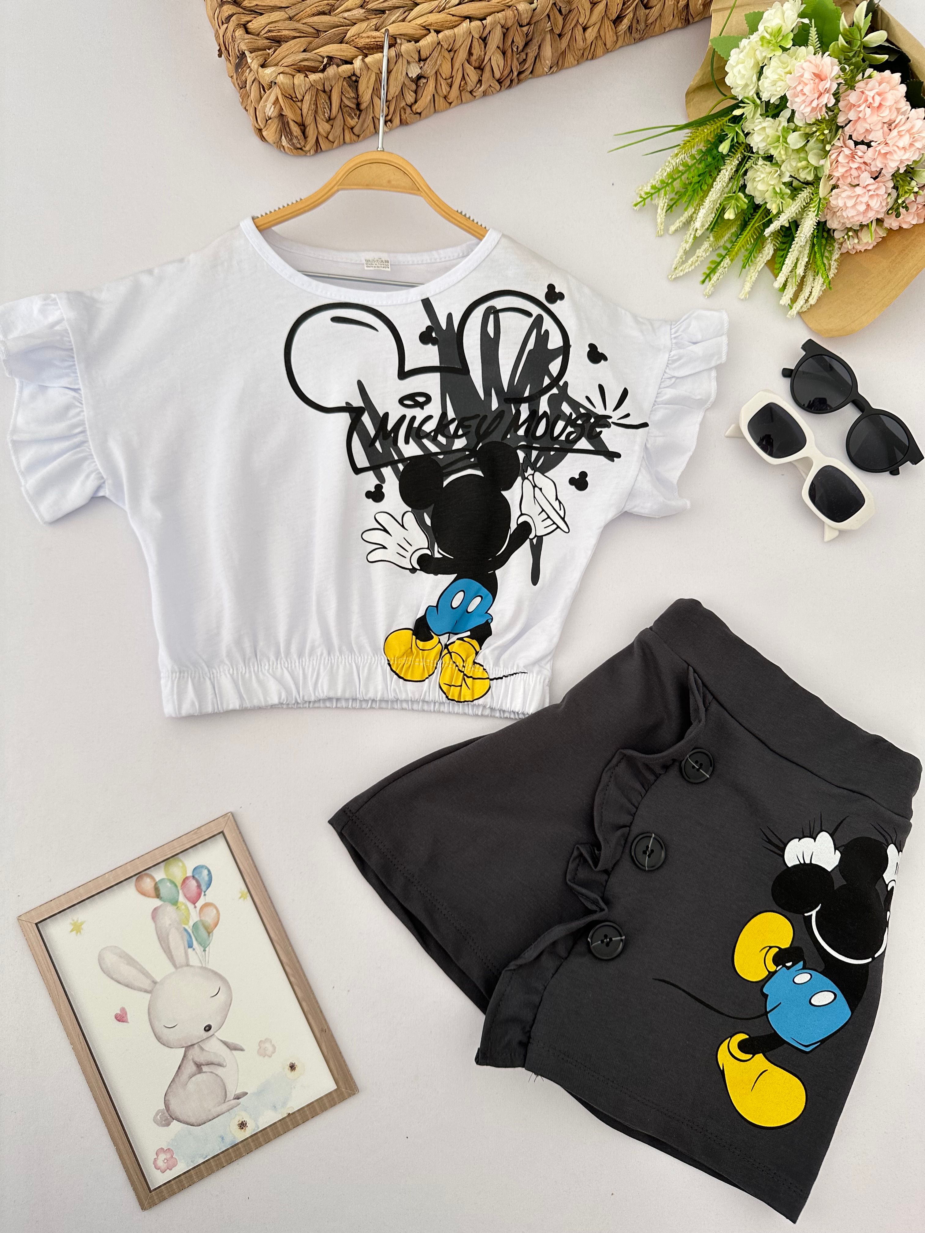 Kız Çocuk Füme Mickey Mouse Şort Etekli Crop Takım