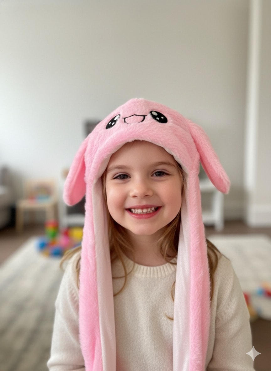 Kız Çocuk Pembe Tavşan Peluş Şapka Kulaklık