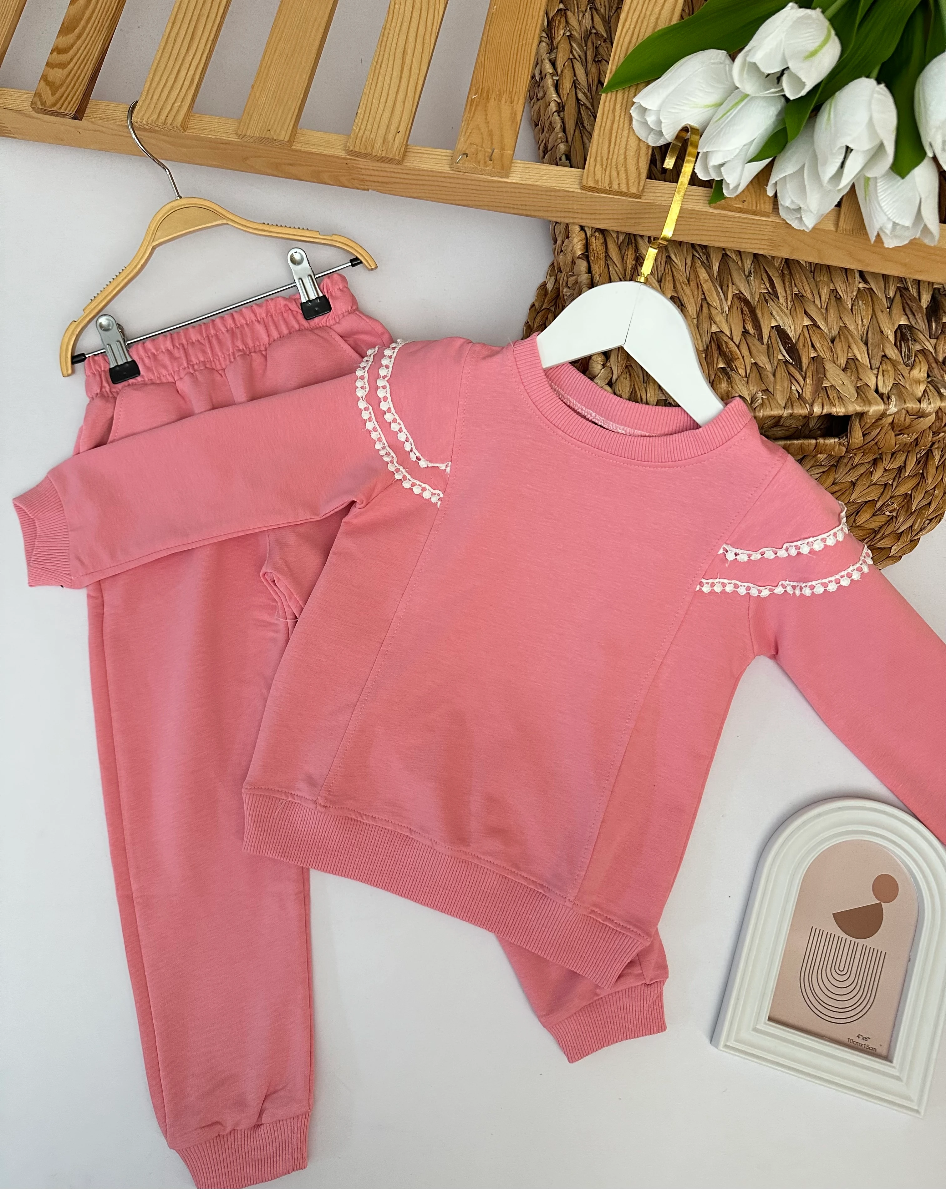 Kız Çocuk Pembe Kolu Fırfırlı Alt-Üst Takım 