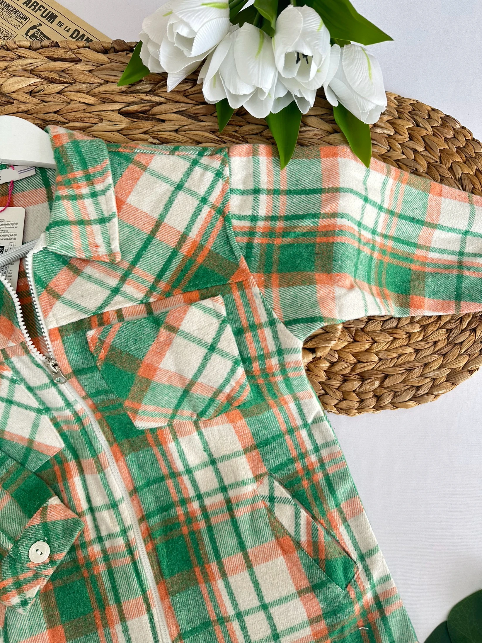 Kız Çocuk Yeşil Turuncu Ekose Desenli Oduncu Gömlek