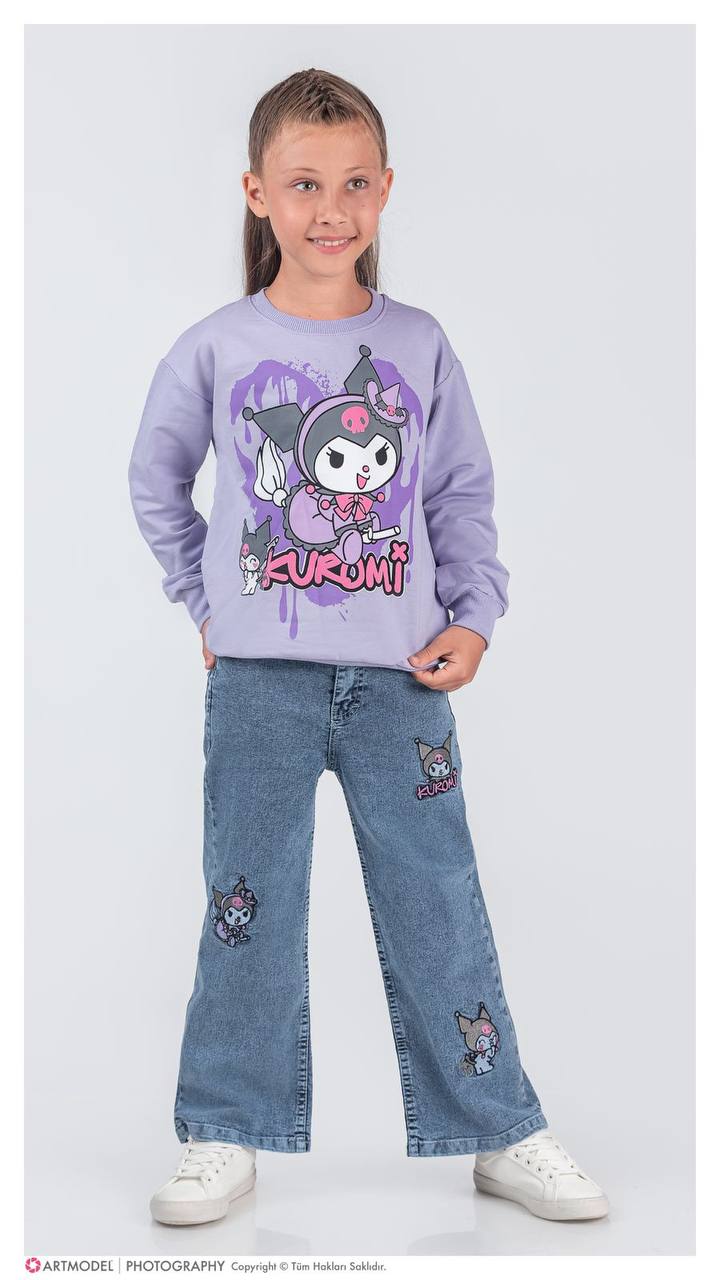 Kız Çocuk Lila Kuromi Kot Pantolon Sweat 2'li Takım