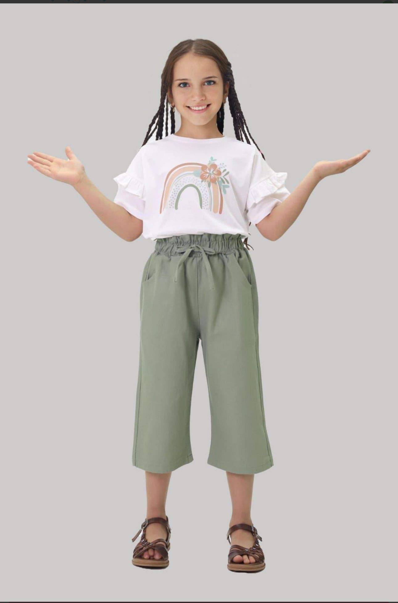 Kız Çocuk Yeşil Gökkuşağı Keten Pantolon Takım