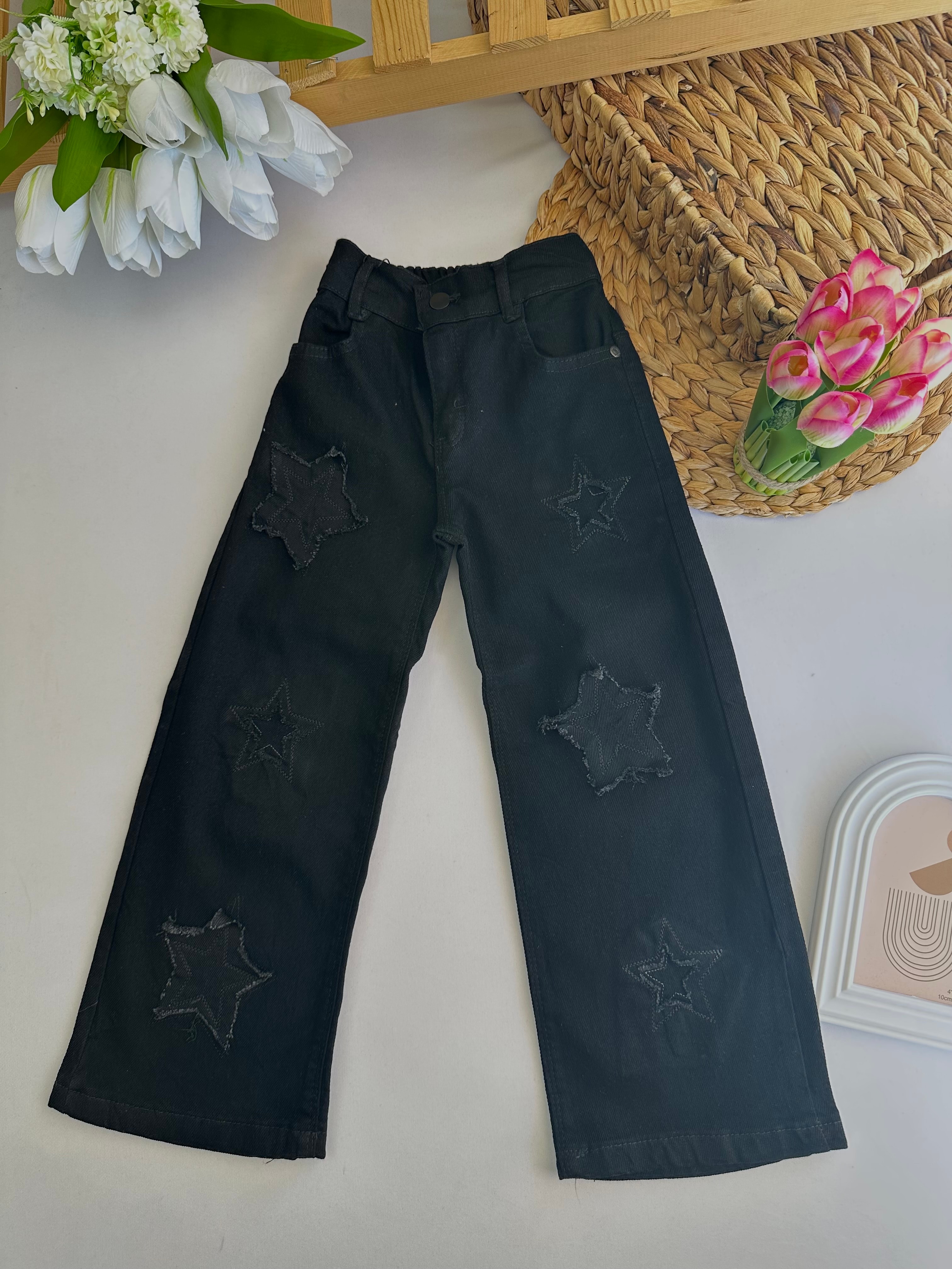 Kız Çocuk Siyah Yıldız Desenli Kot Pantolon