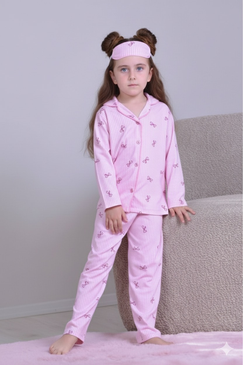 Kız Çocuk Fiyonklu Uyku Bandı Hediyeli Pijama Takımı