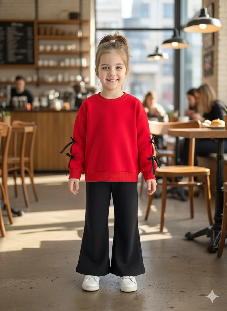 Kız Çocuk Kırmızı Fiyonklu İspanyol Paça 2’li Takım