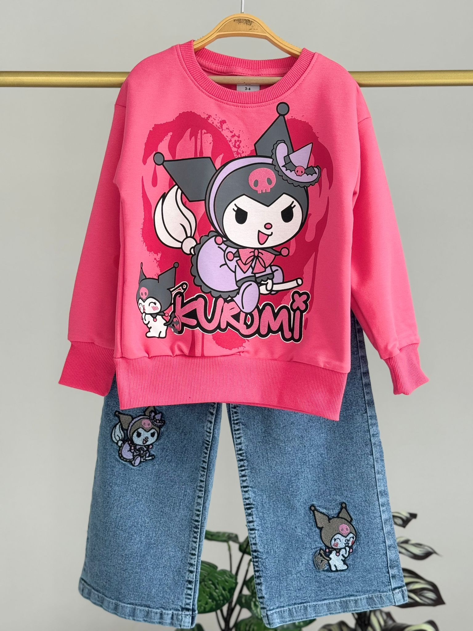 Kız Çocuk Fuşya Kuromi Kot Pantolon Sweat 2'li Takım
