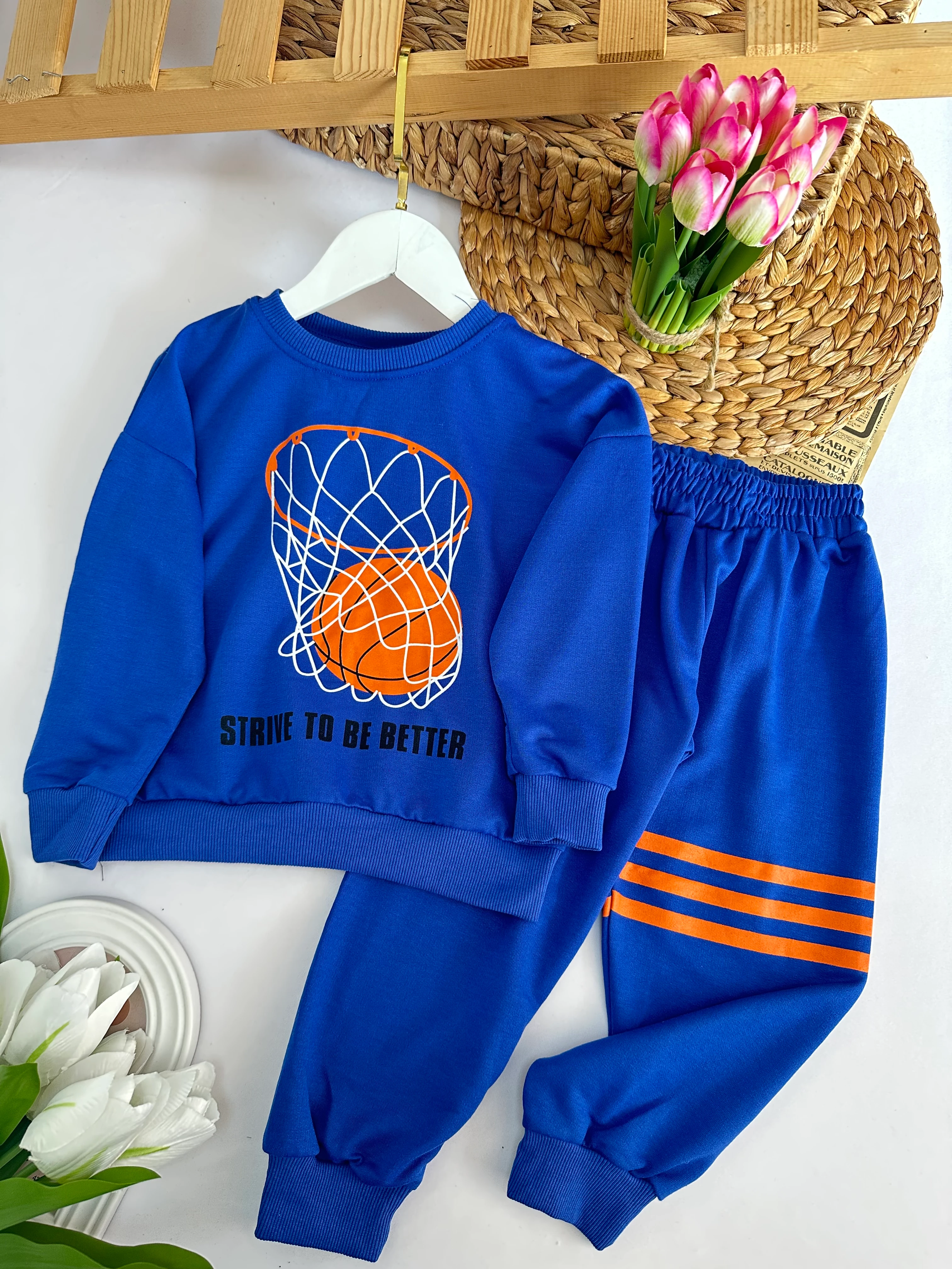 Erkek Çocuk Saks Mavi Basket Baskılı Takım