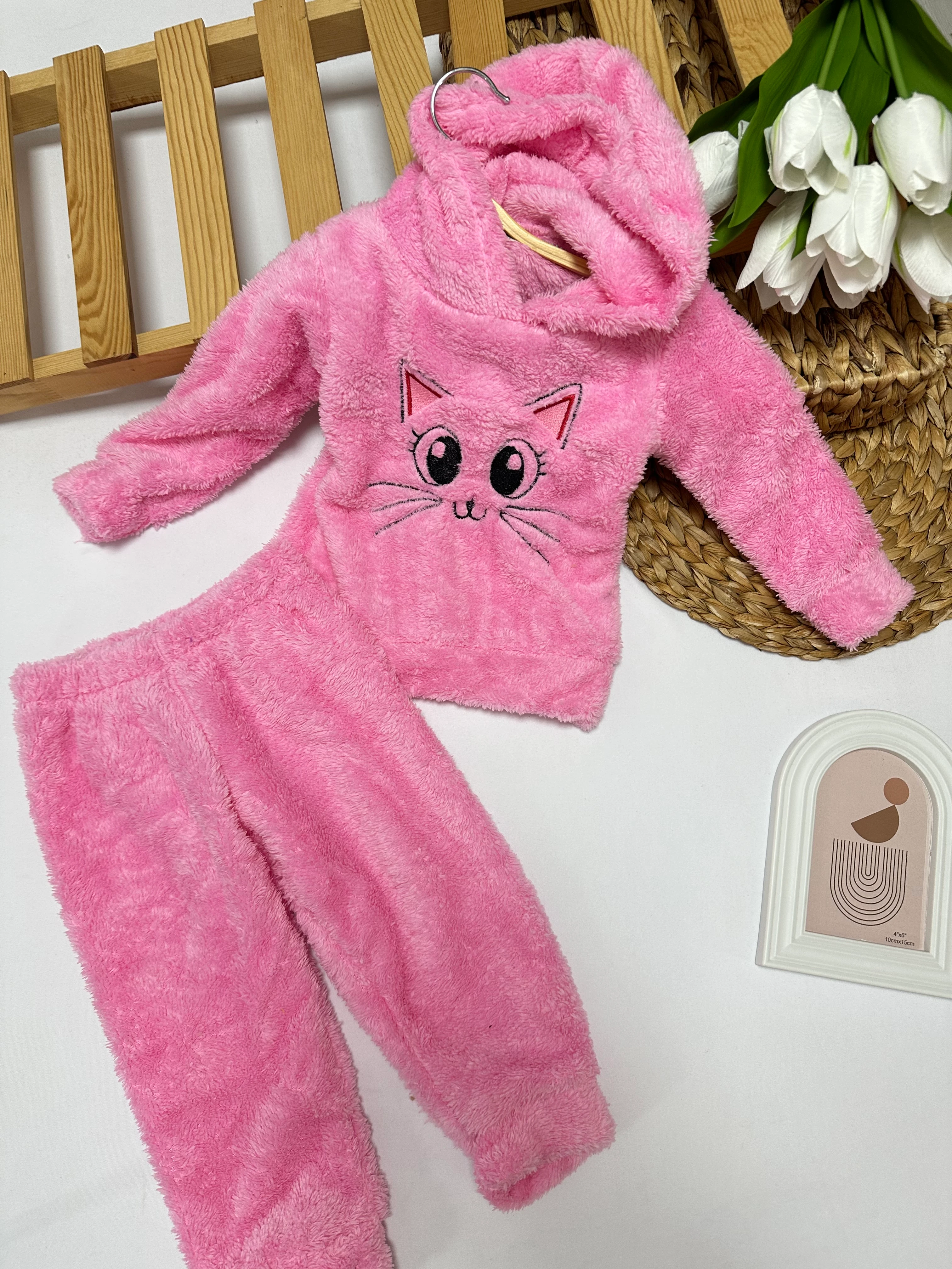 Kız Çocuk Pembe Kedili Peluş Takım