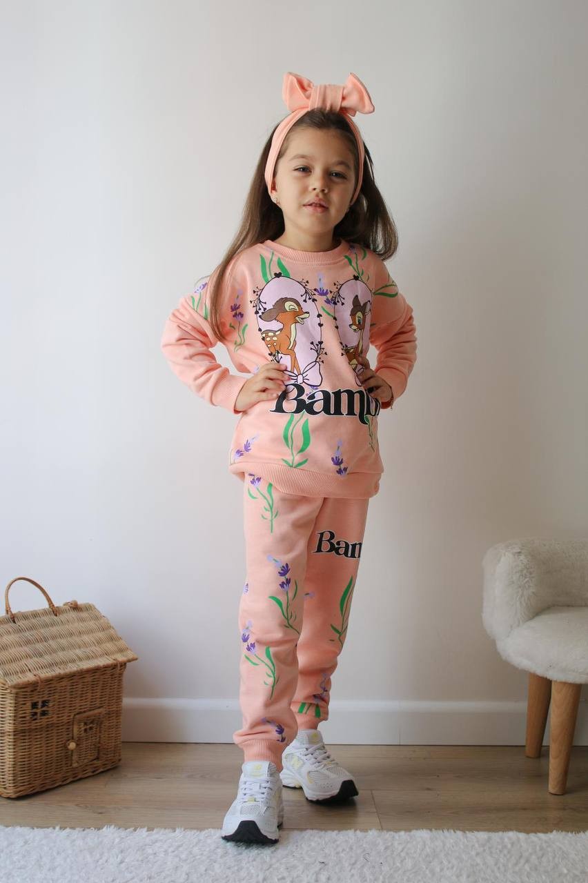 Kız Çocuk Somon Bambi Baskılı Takım