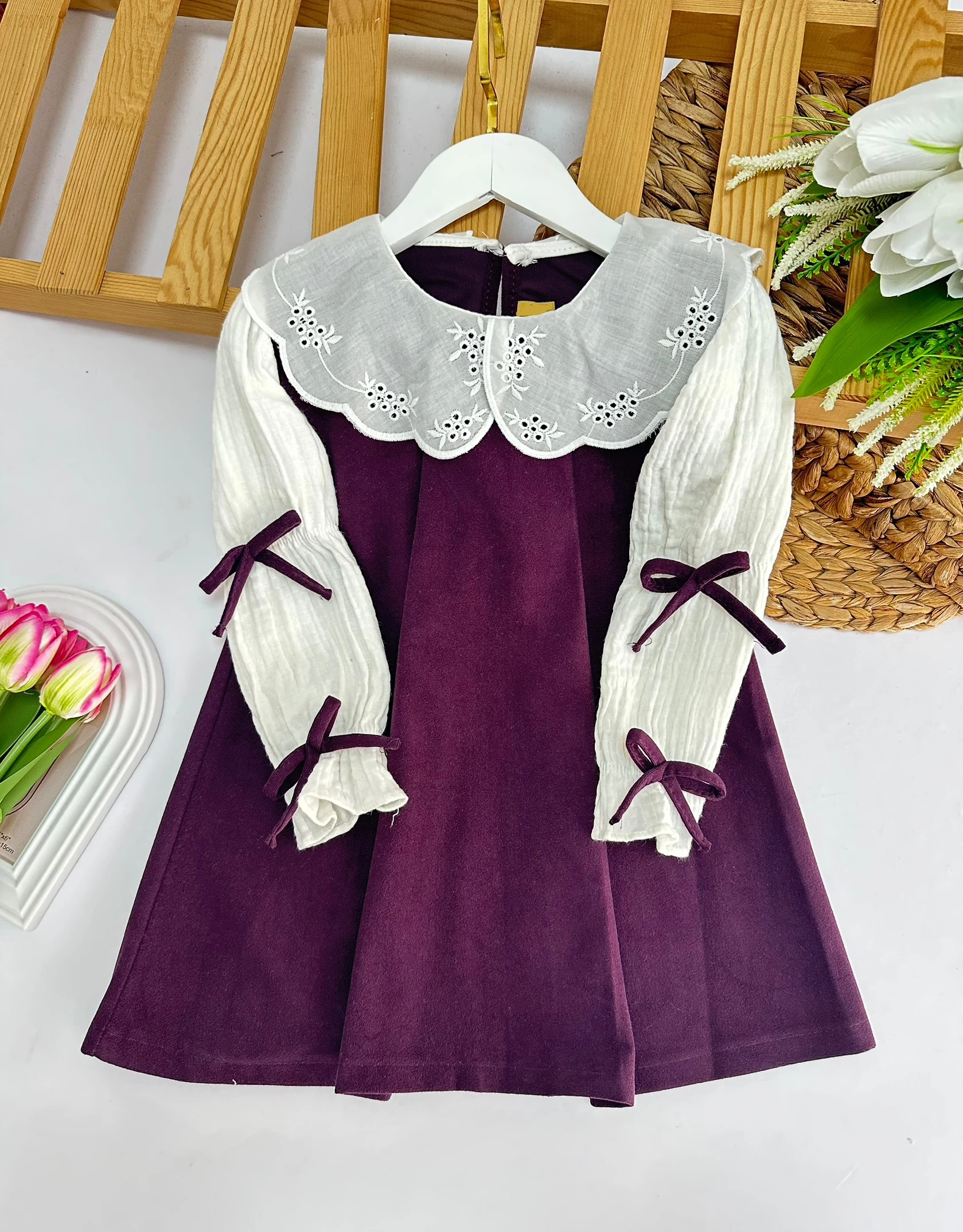 Kız Çocuk Mor Bebe Yaka Kolları Fiyonk Süet Elbise